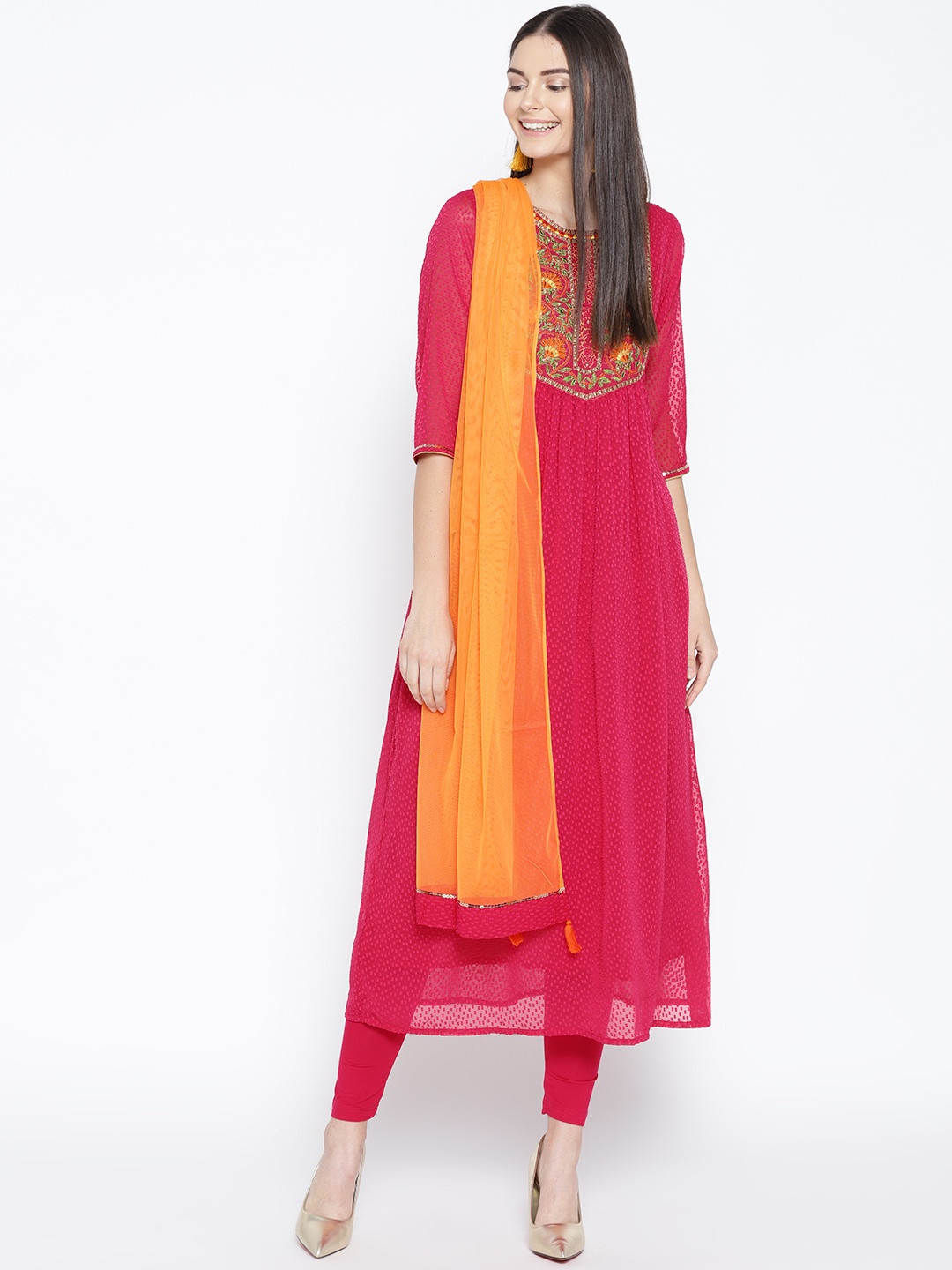 

AURELIA Women Pink & Orange Yoke Design Kurta with Churidar Leggings & Dupatta
