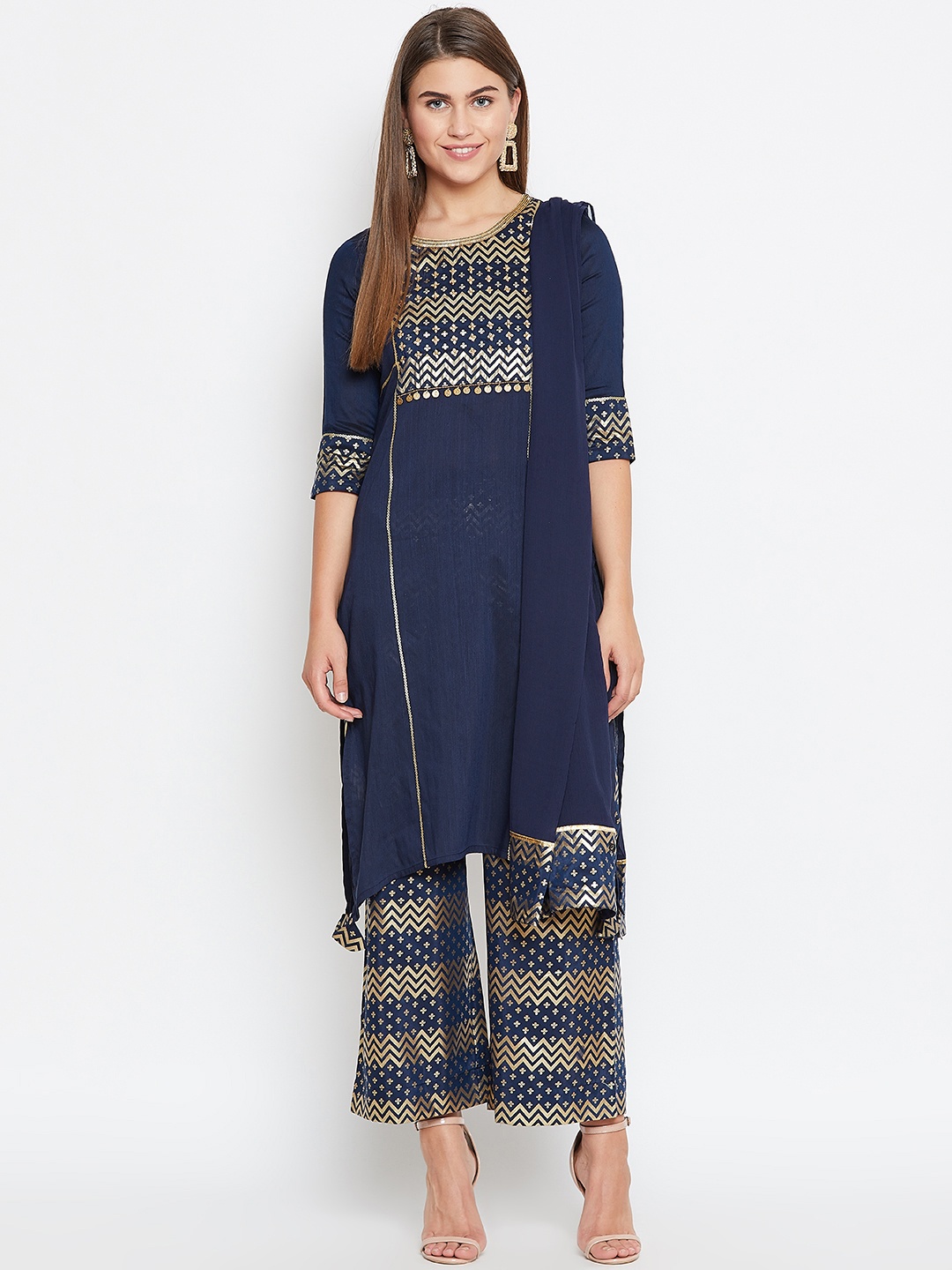 

AURELIA Women Navy Blue & Golden Yoke Design Kurta with Palazzos & Dupatta