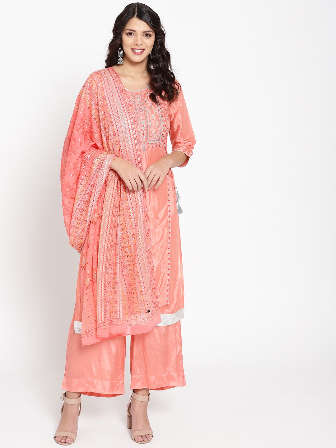 

AURELIA Women Peach-Coloured Yoke Design Layered Kurta with Palazzos & Dupatta