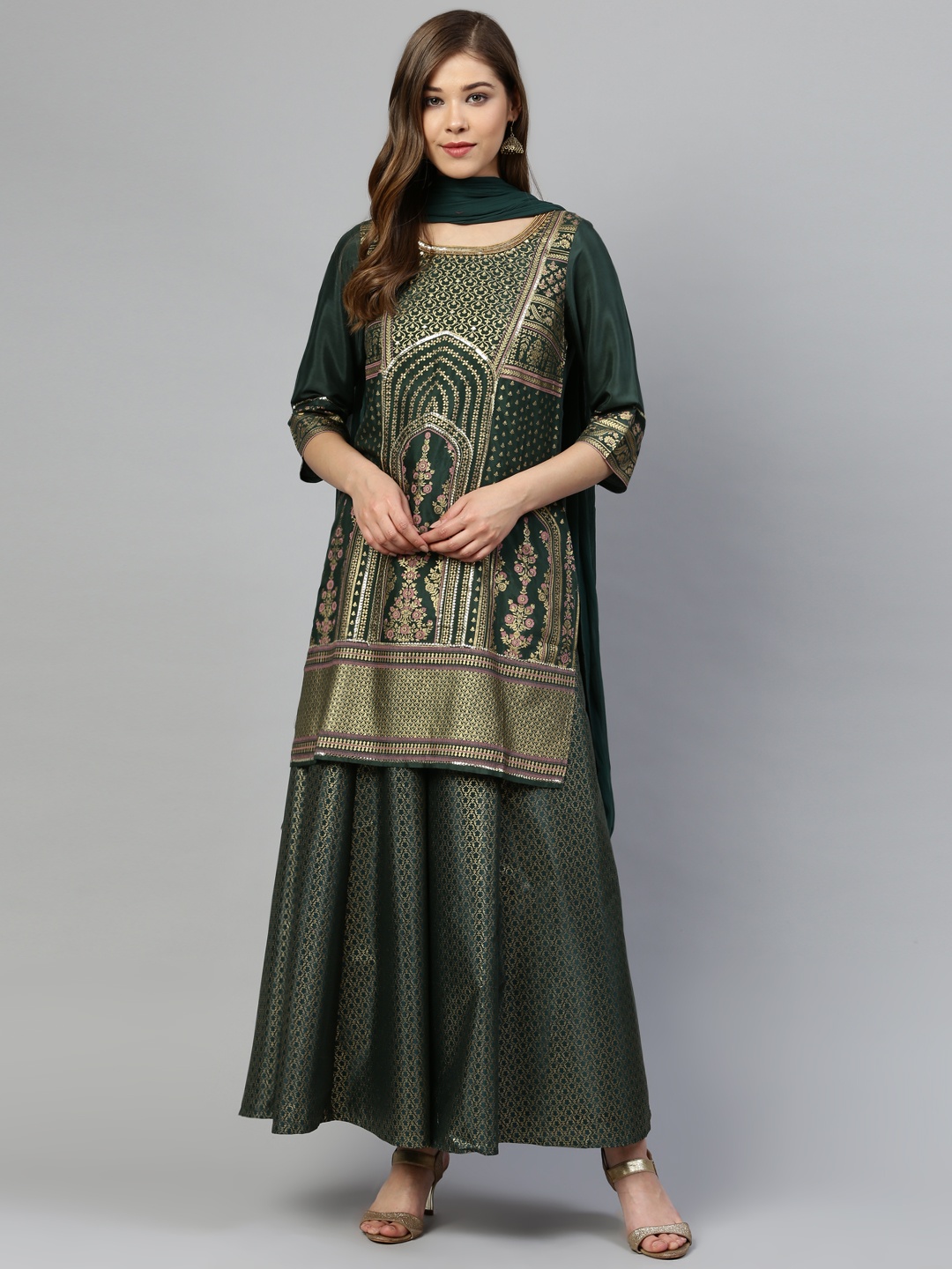 

AURELIA Women Green & Golden Printed Kurta with Palazzos & Dupatta