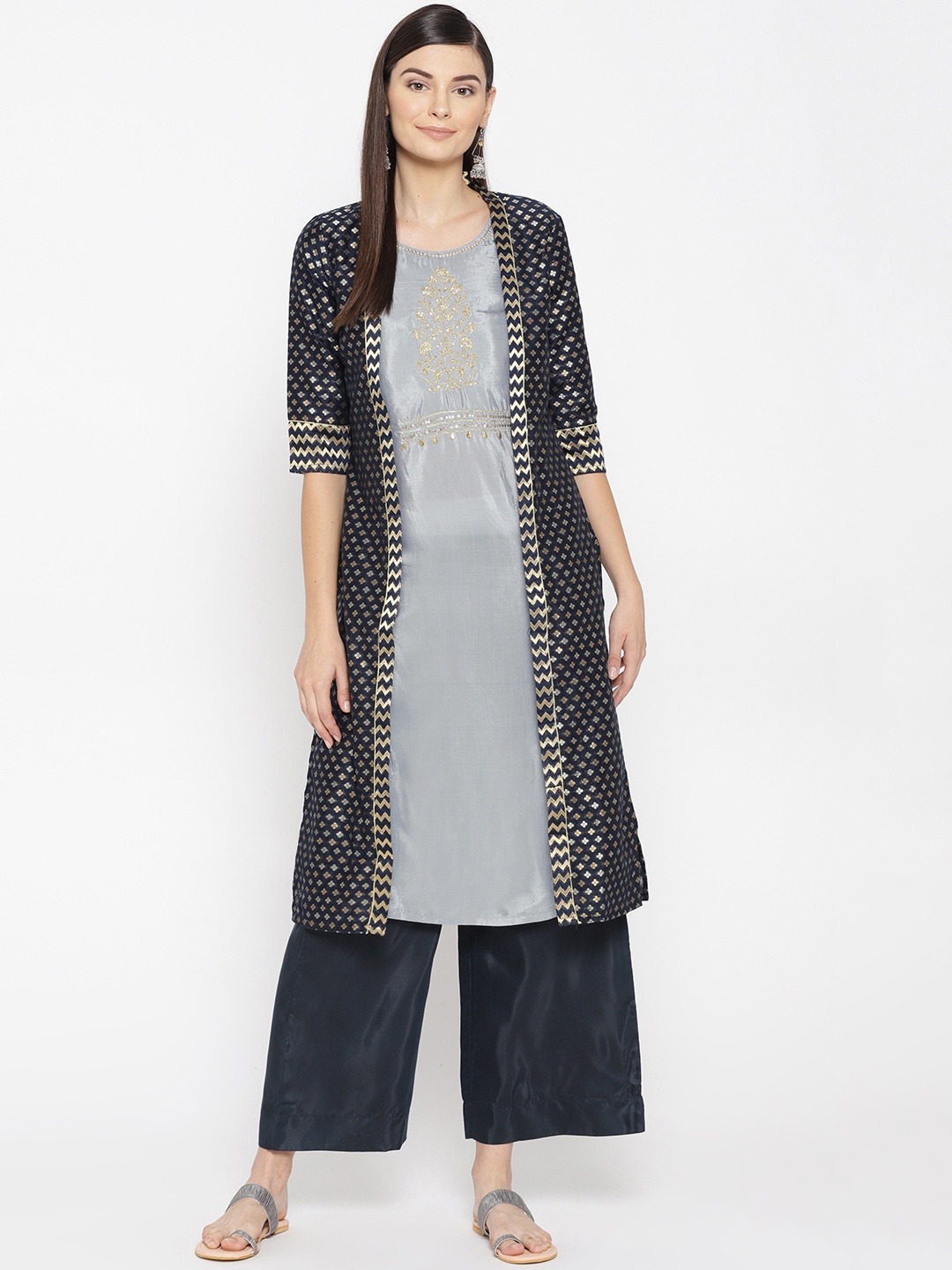 

AURELIA Women Grey & Navy Blue Yoke Design Kurta with Palazzos