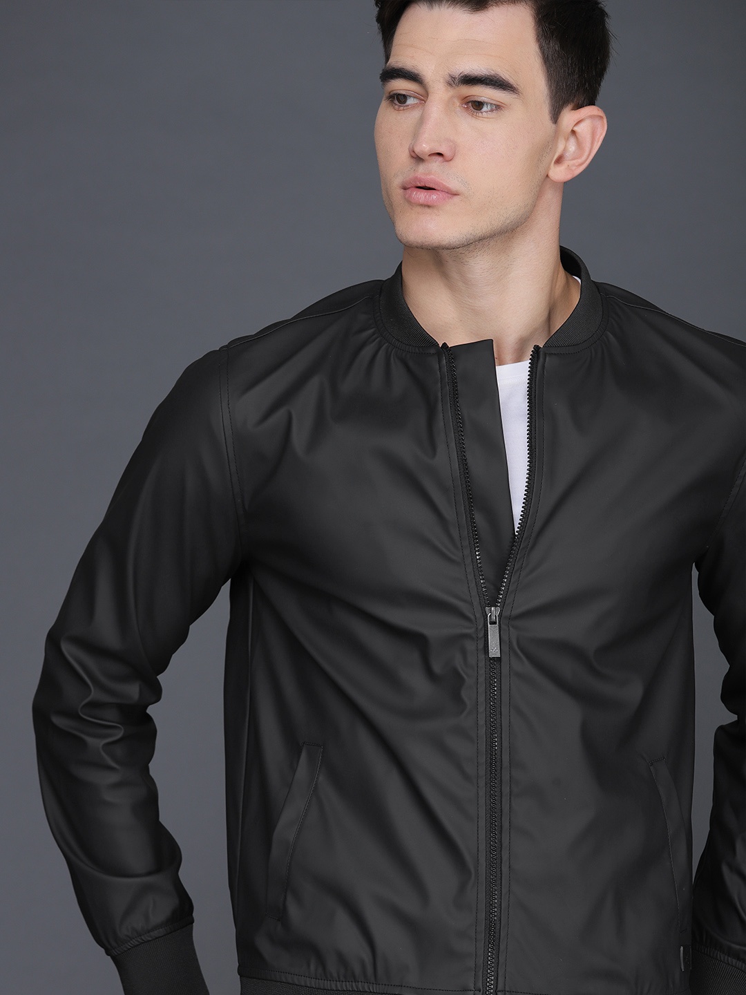 

WROGN Men Black Slim Fit Solid Bomber Jacket