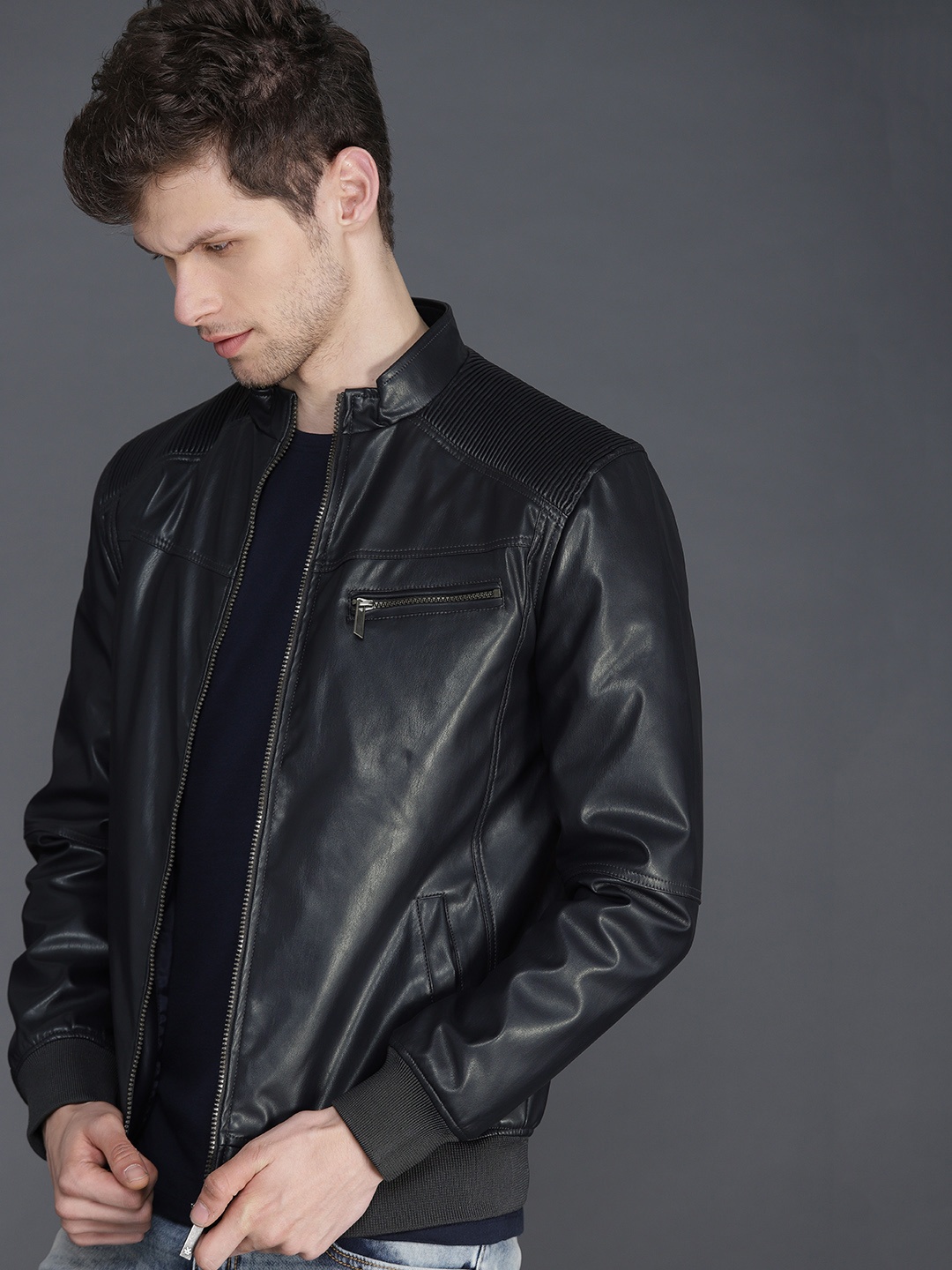 

WROGN Men Navy Blue Slim Fit Solid Bomber Jacket