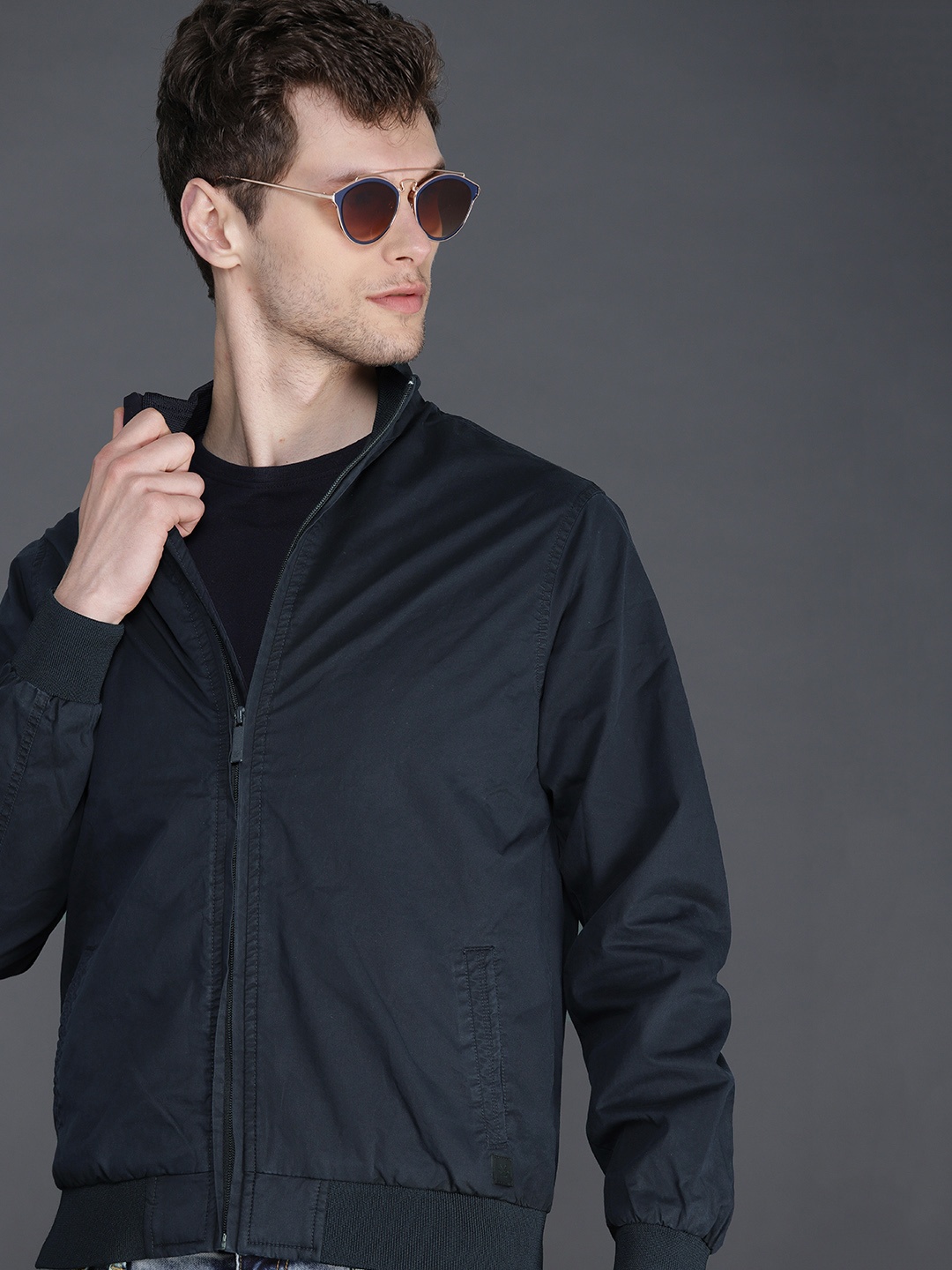 

WROGN Men Navy Blue Slim Fit Solid Bomber Jacket