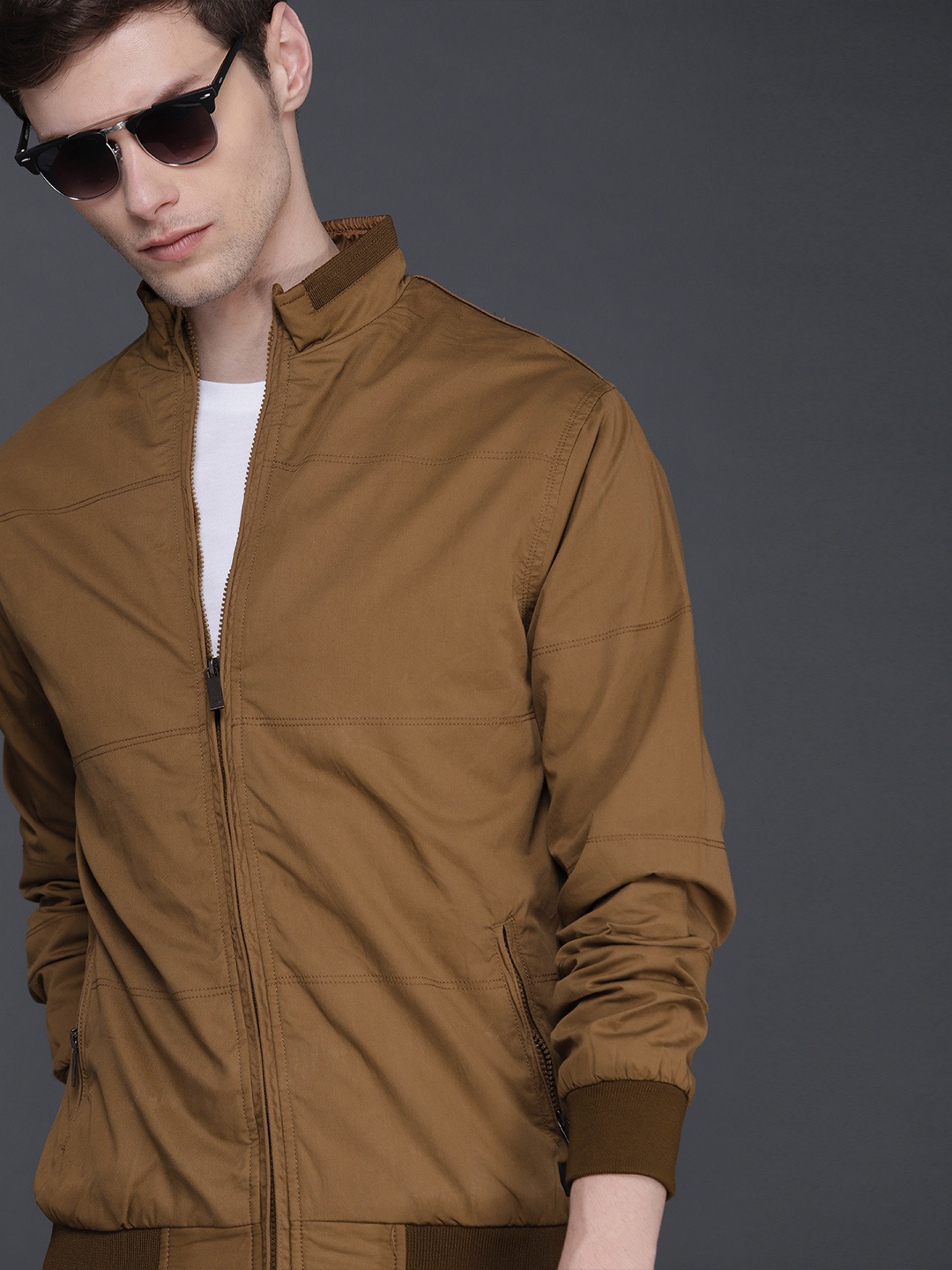 

WROGN Men Khaki Solid Slim Fit Bomber Jacket