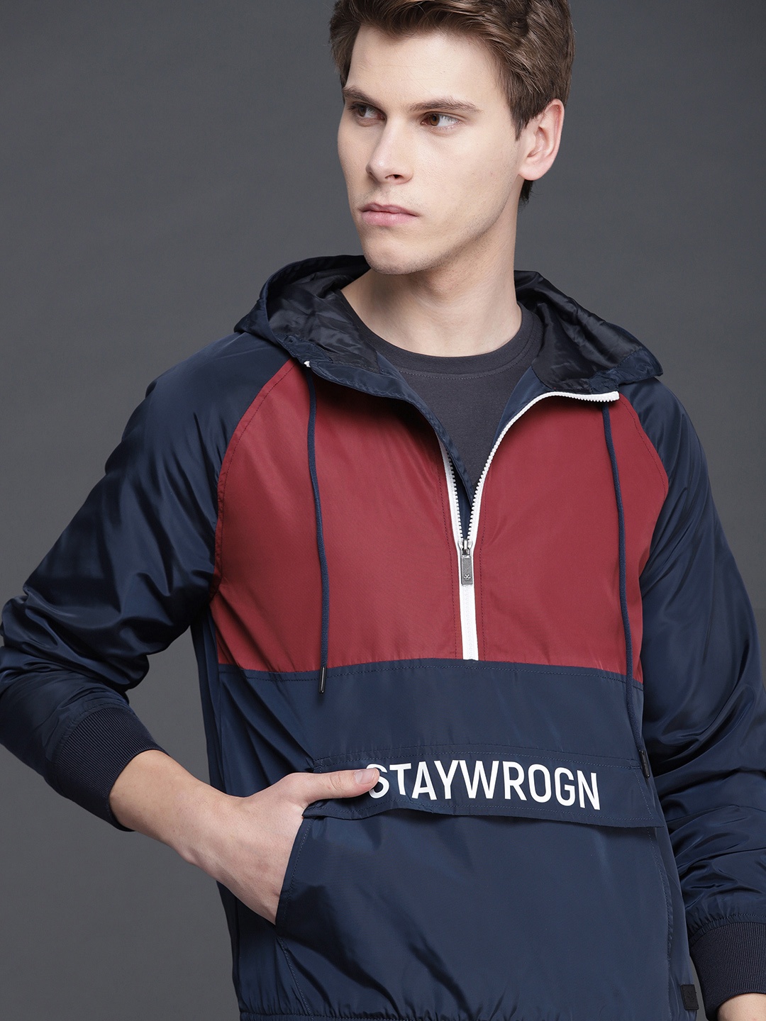 

WROGN Men Navy Blue & Maroon Colourblocked Bomber Jacket