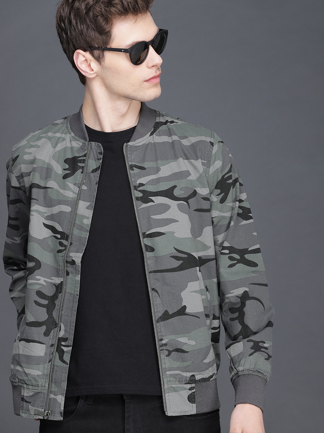 

WROGN Men Grey & Olive Green Printed Slim Fit Bomber Jacket