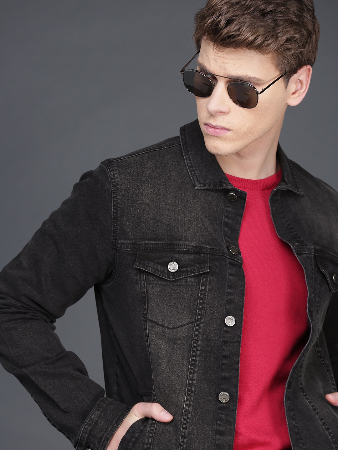 

WROGN Men Black Slim Fit Solid Denim Jacket