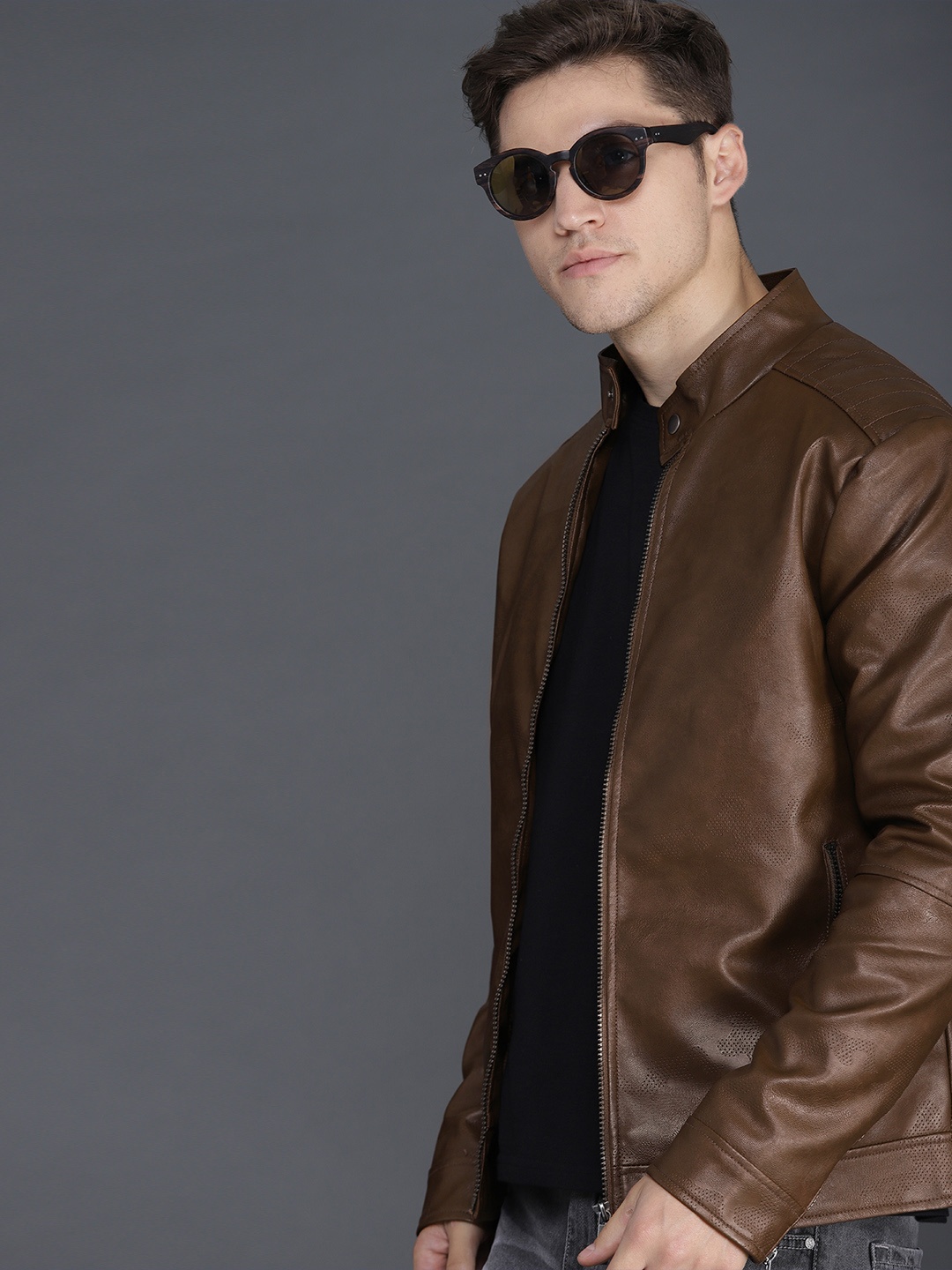 

WROGN Men Brown Self Design Jacket