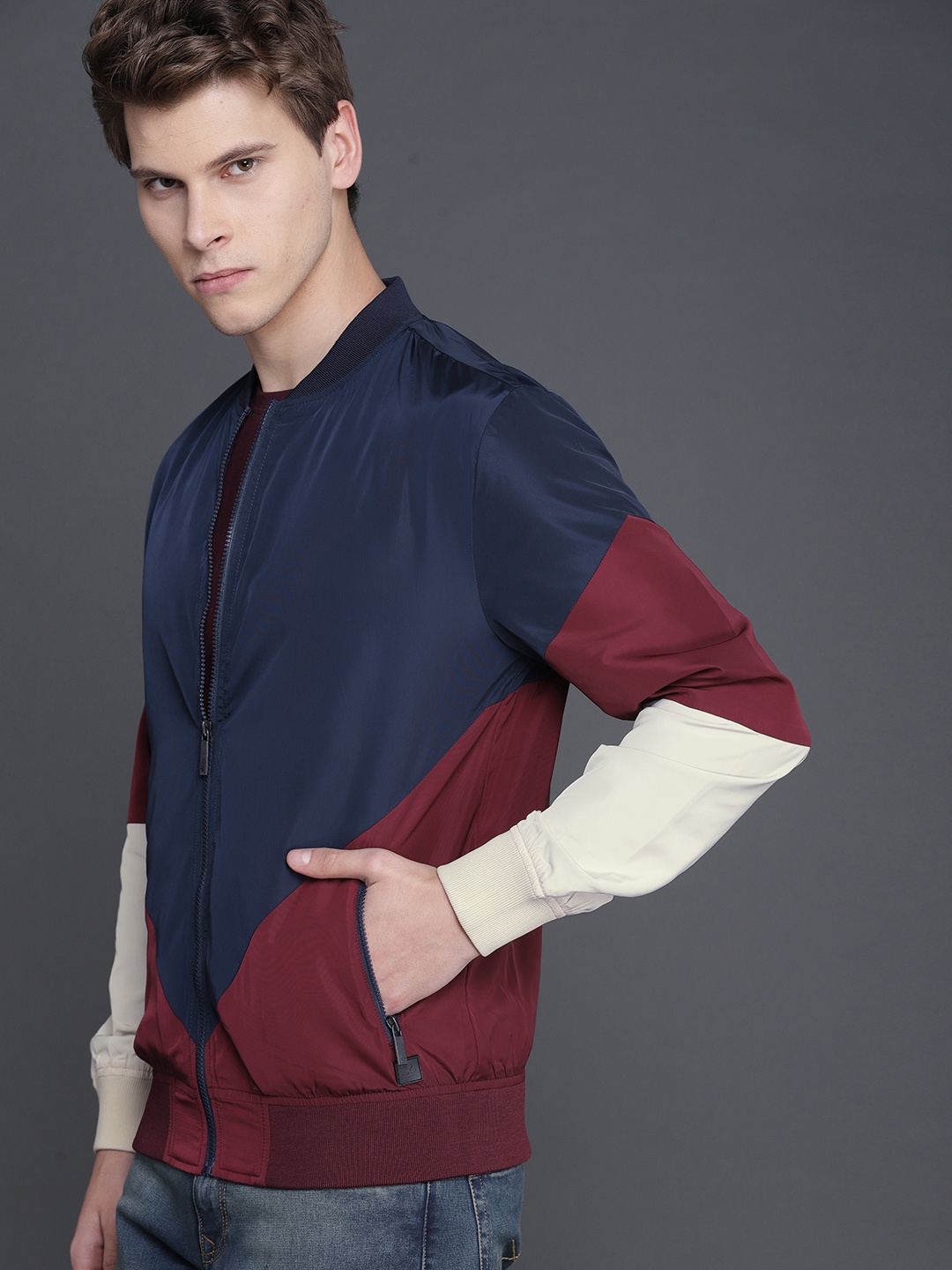 

WROGN Men Navy Blue & Maroon Colourblocked Bomber Jacket