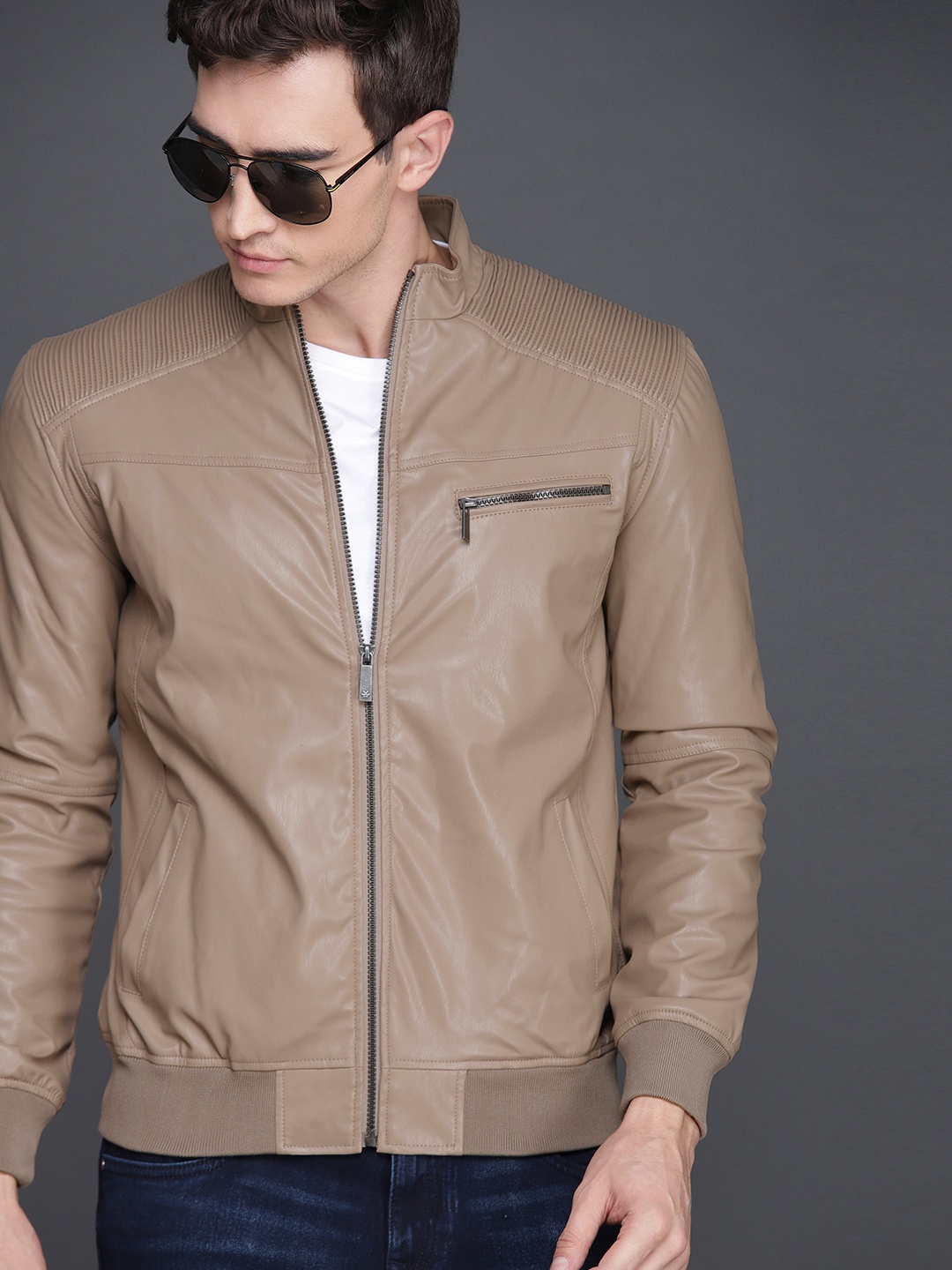 

WROGN Men Tan Solid Biker Jacket