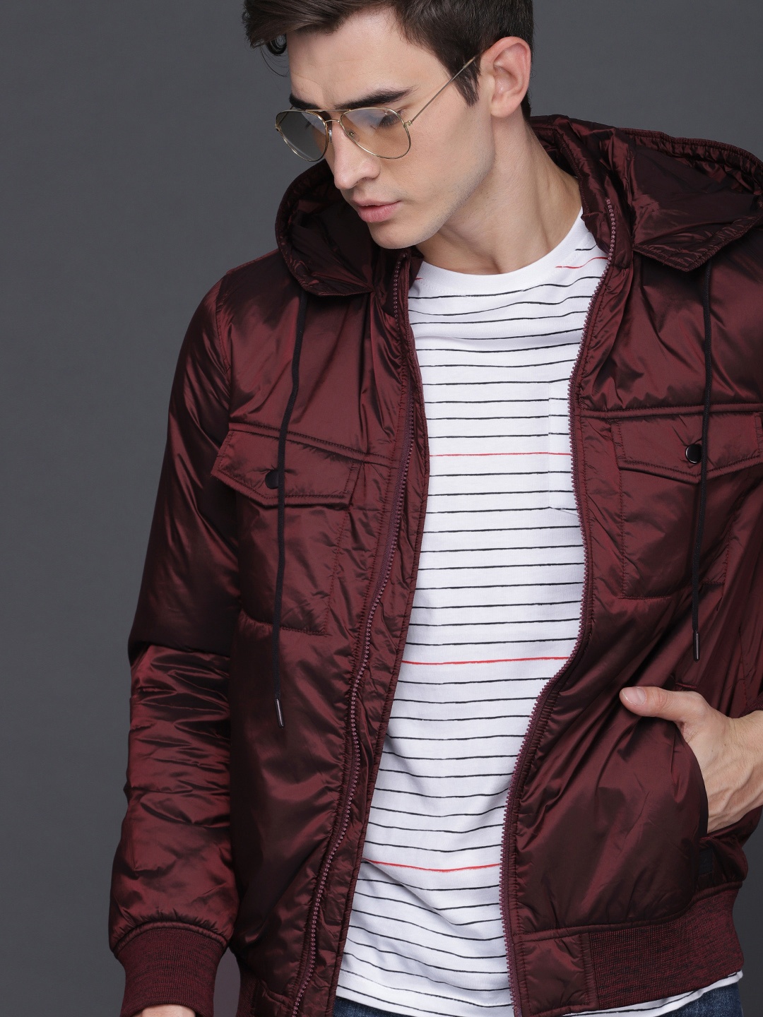 

WROGN Men Burgundy Solid Bomber Jacket