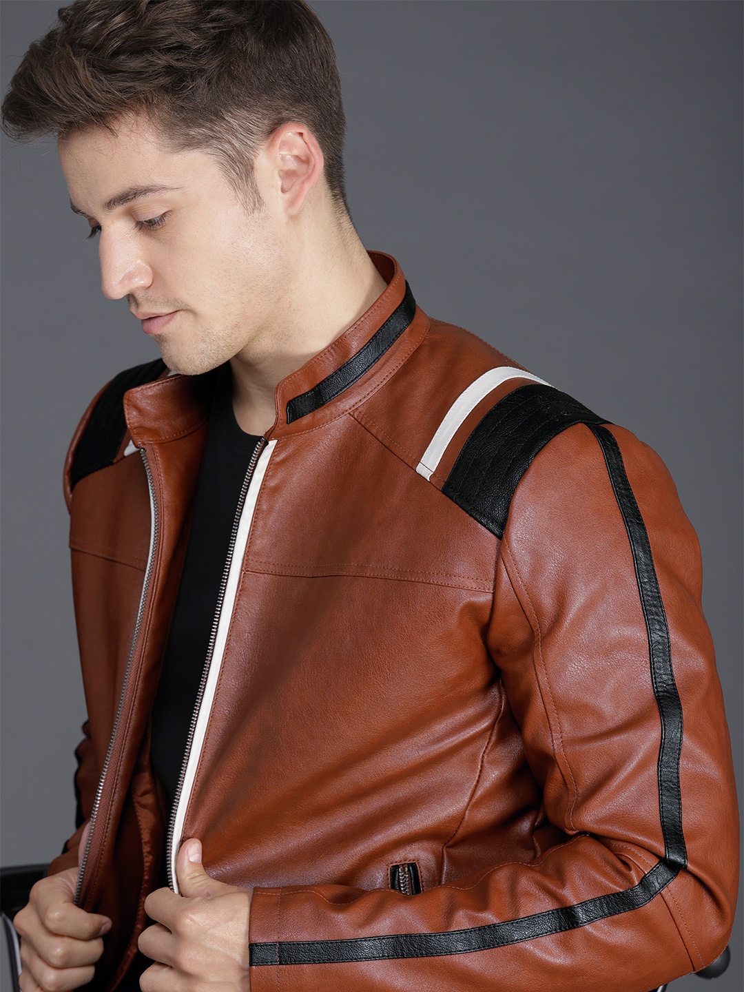 

WROGN Men Tan Brown Solid Biker Jacket