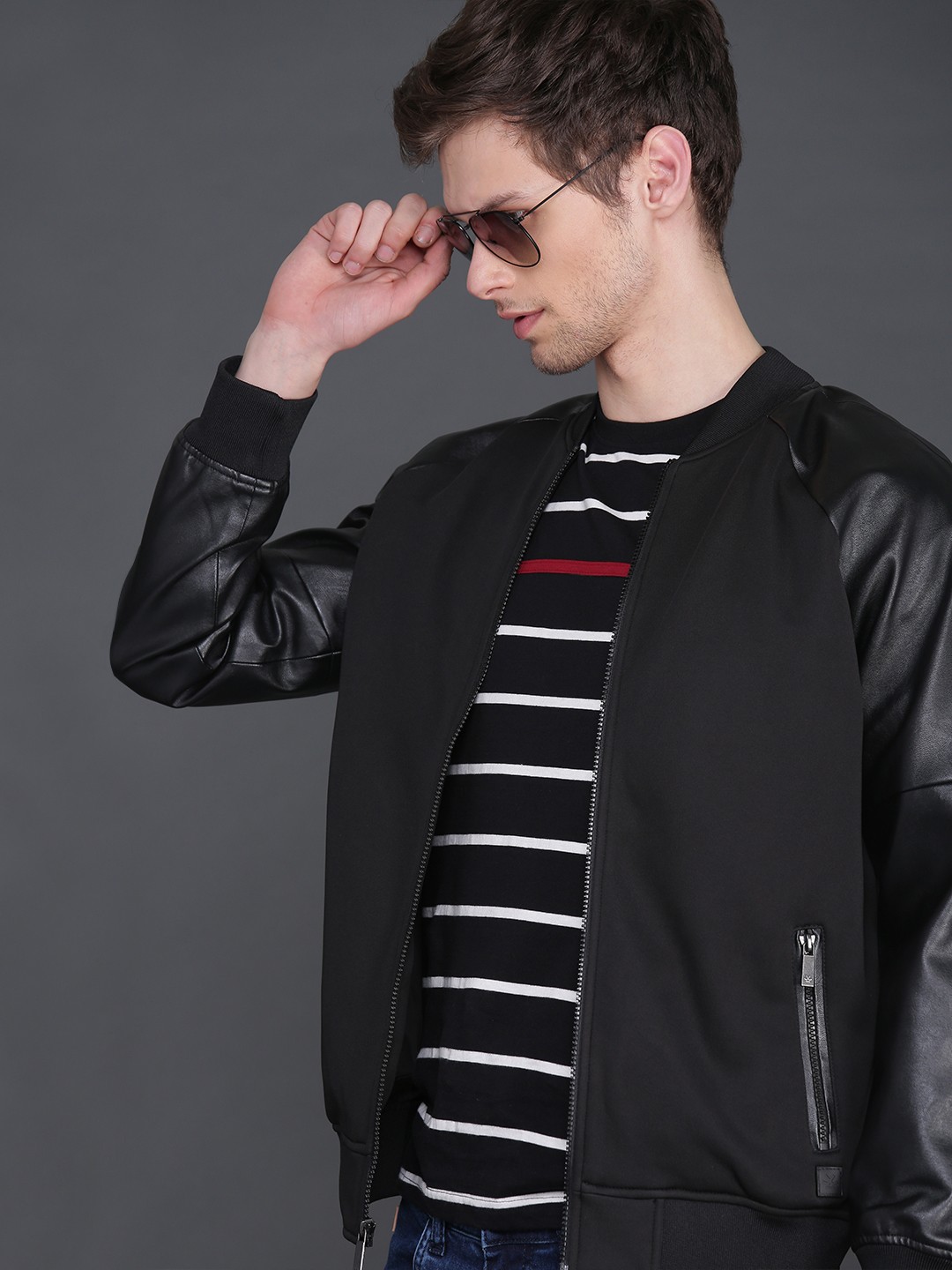 

WROGN Men Black Slim Fit Solid Bomber Jacket