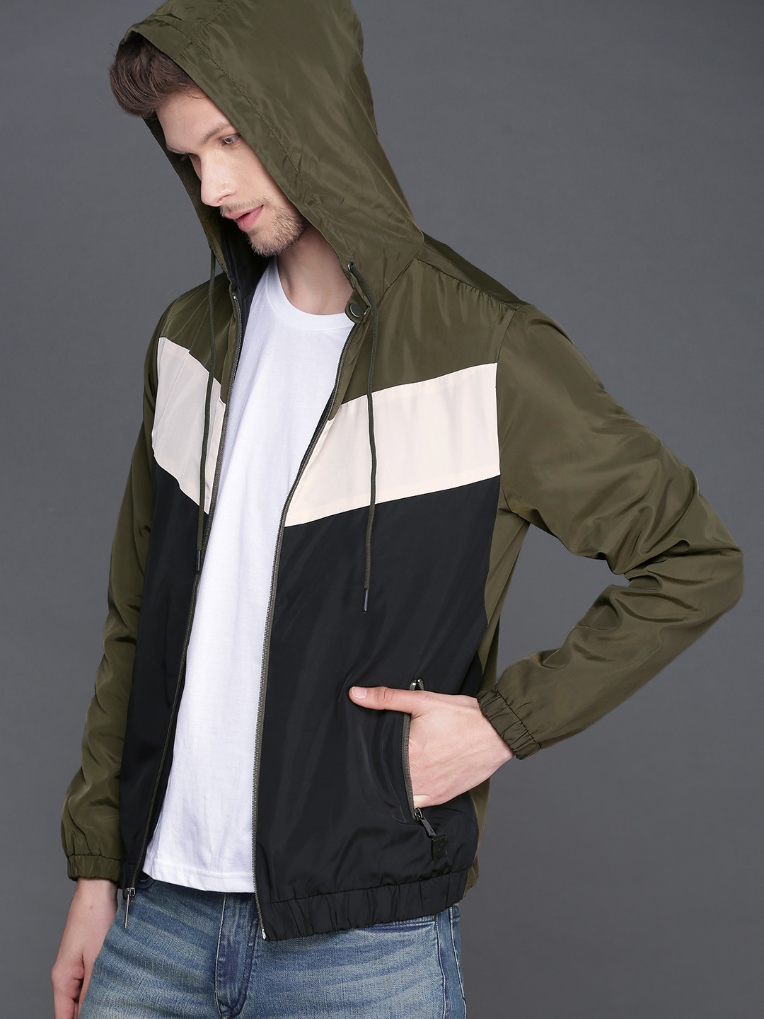 

WROGN Men Olive Green Colourblocked Bomber Jacket