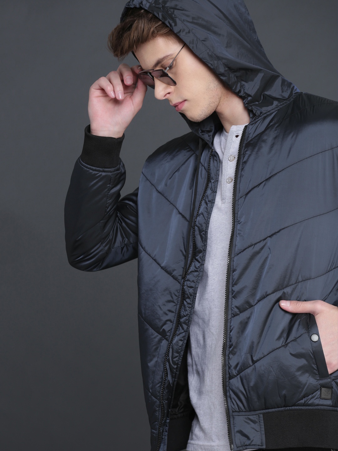 

WROGN Men Navy Blue Solid Bomber Jacket