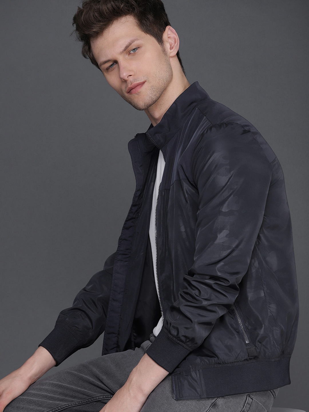 

WROGN Men Navy Blue Self Design Slim Fit Bomber Jacket