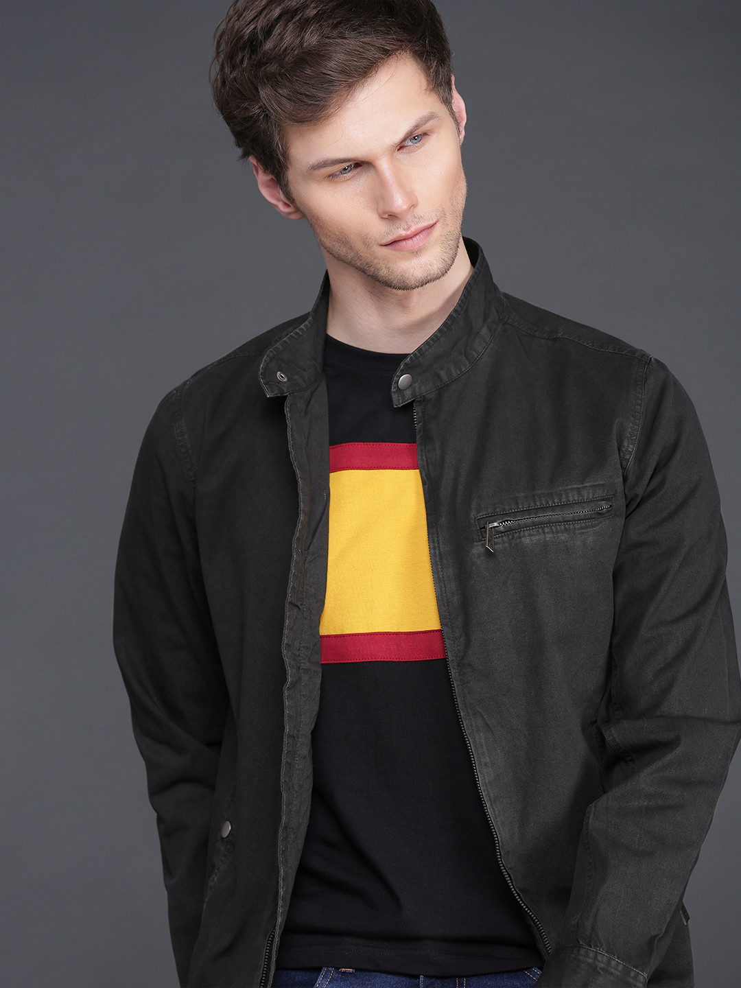 

WROGN Men Black Solid Slim Fit Denim Jacket