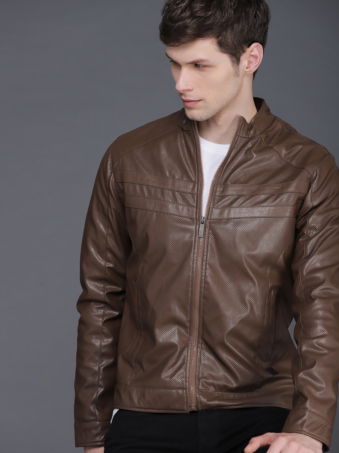 

WROGN Men Brown Solid Slim Fit Biker Jacket