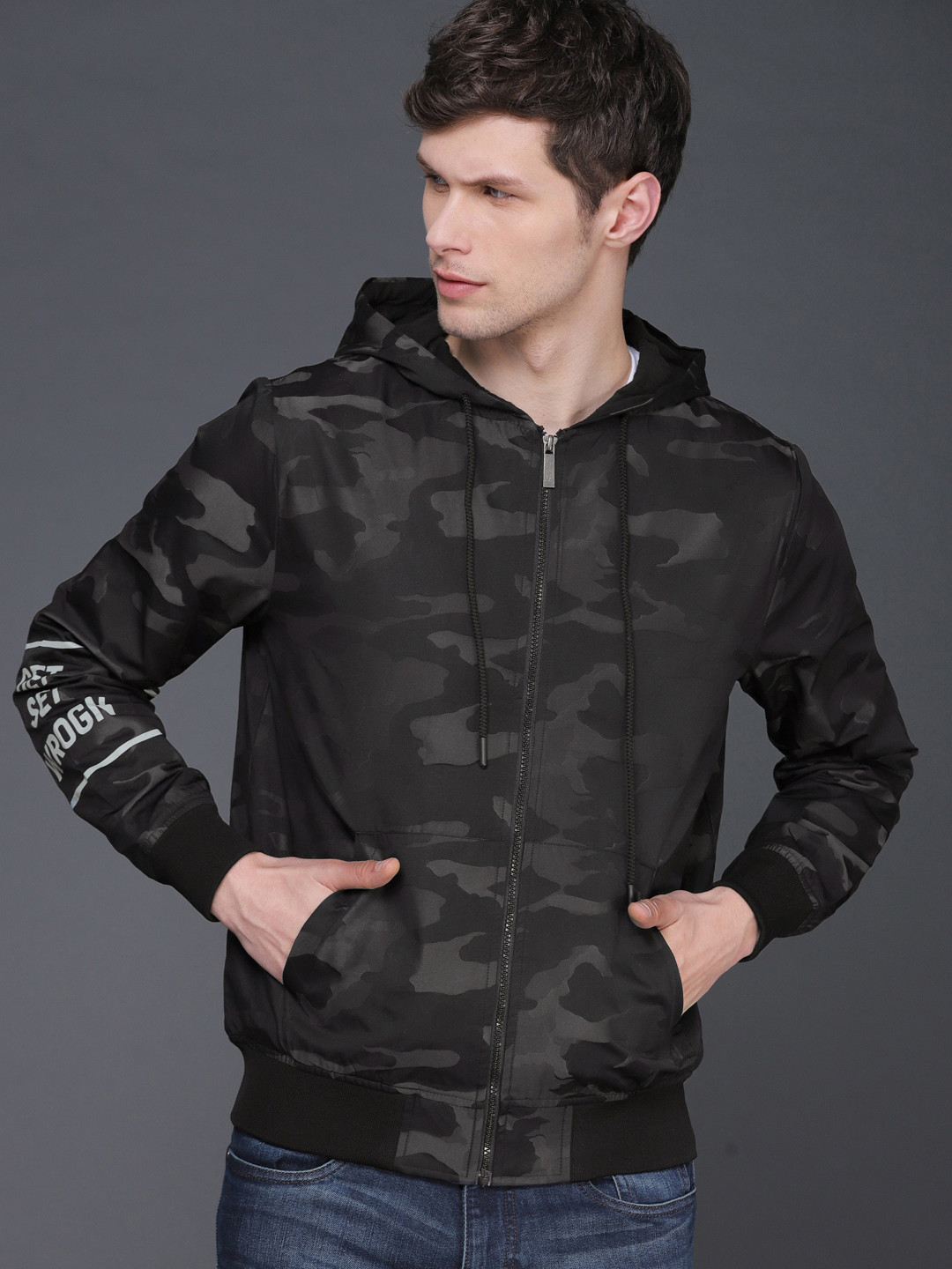 

WROGN Men Black Printed Slim Fit Bomber Jacket