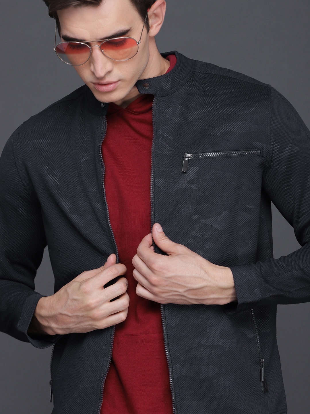 

WROGN Men Navy Blue Self Design Open Front Jacket