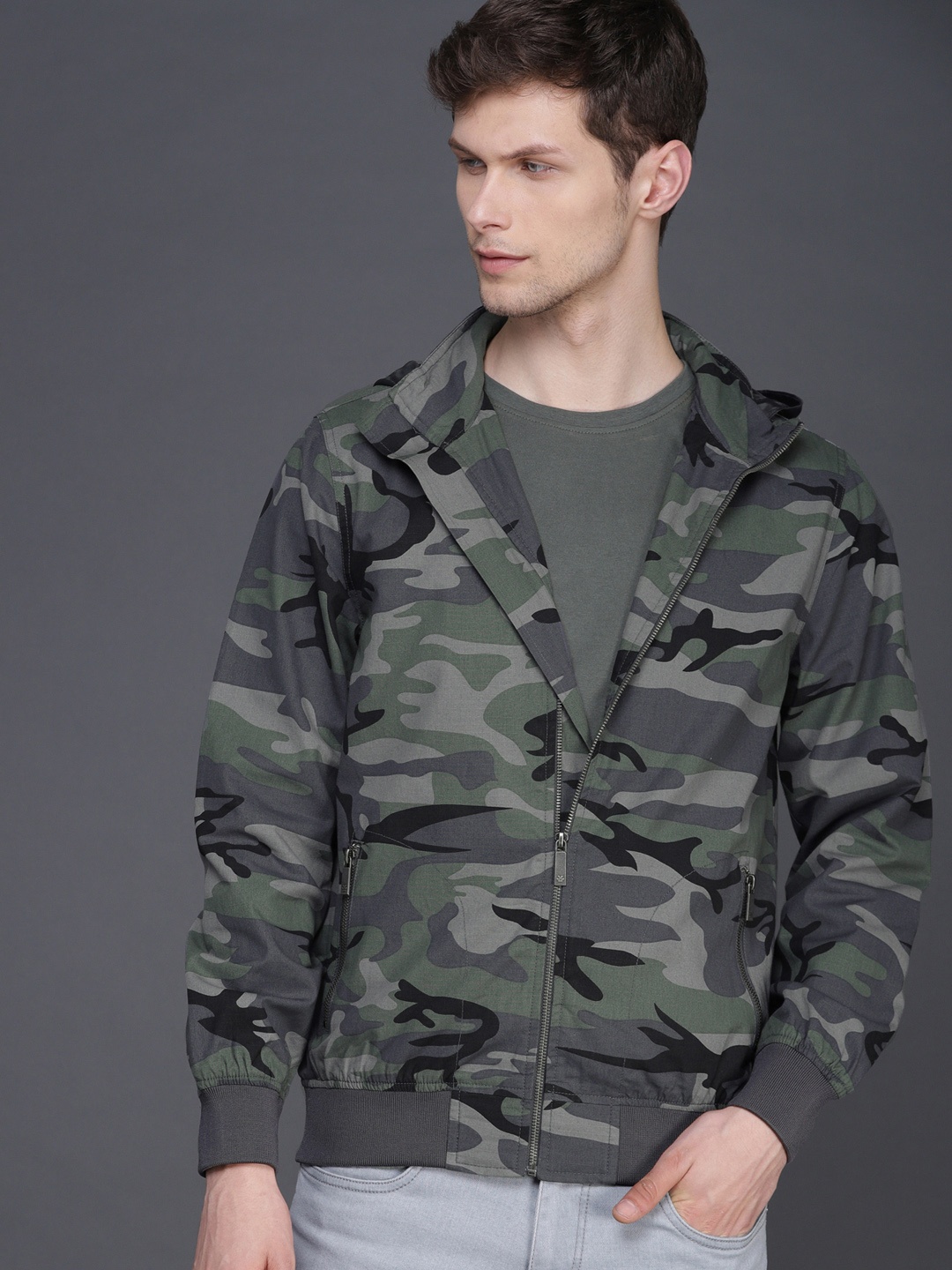 

WROGN Men Olive Green & Grey Printed Bomber Jacket