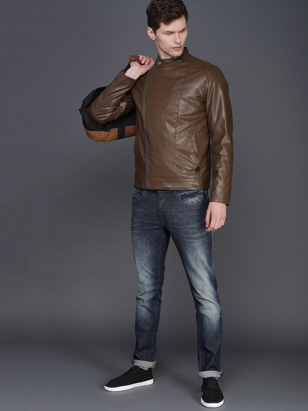 

WROGN Men Coffee Brown Slim Fit Solid Biker Jacket