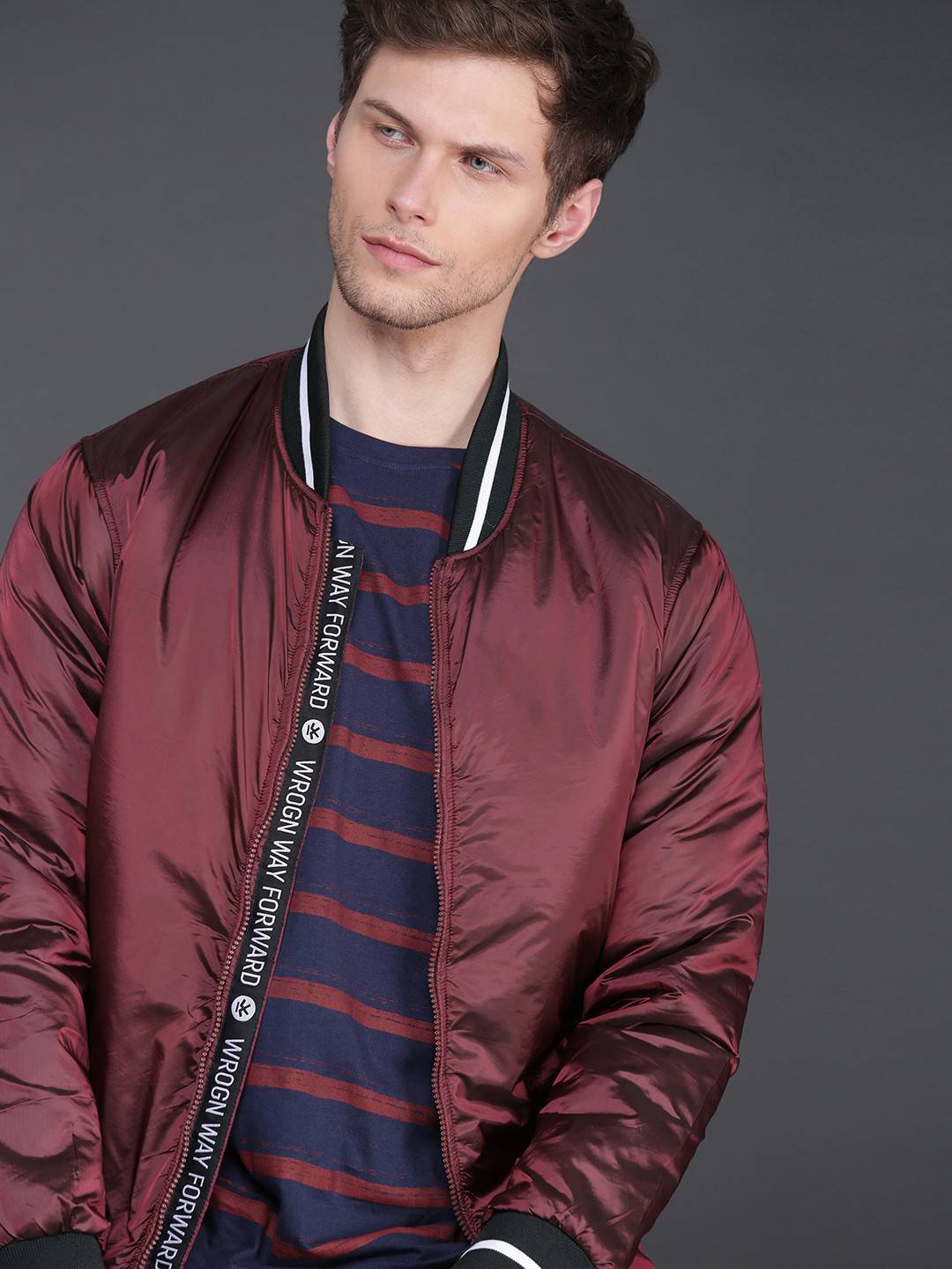 

WROGN Men Burgundy Slim Fit Solid Bomber Jacket