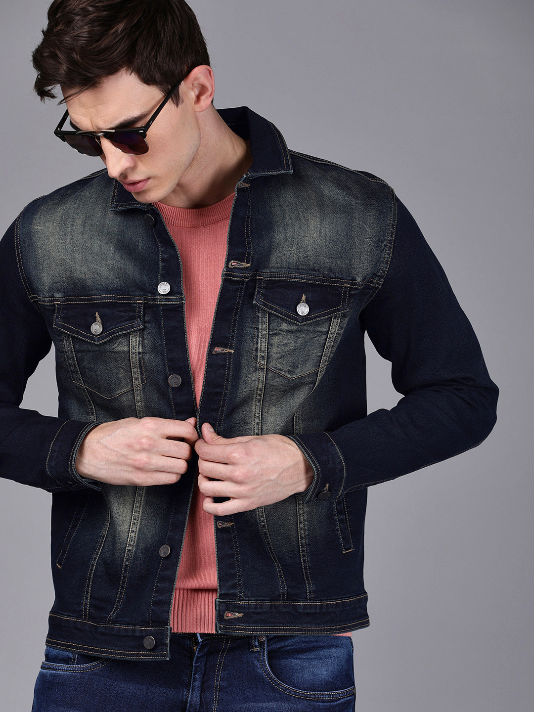 

WROGN Men Solid Slim Fit Denim Jacket, Navy blue