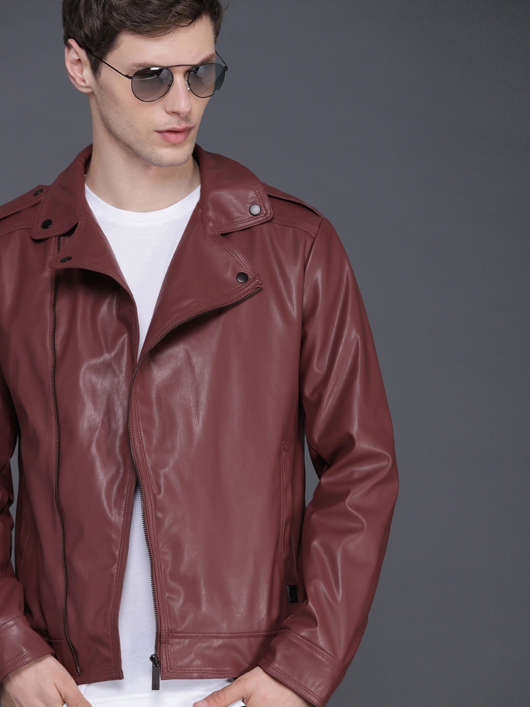 

WROGN Men Burgundy Solid Biker Jacket