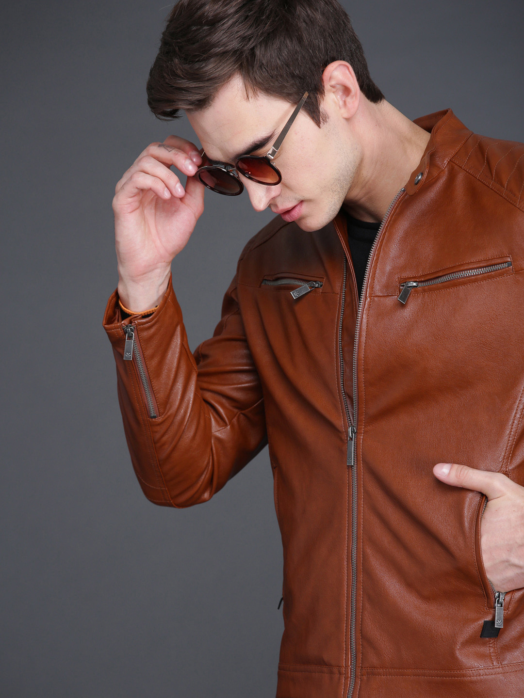 

WROGN Men Brown Solid Biker Jacket