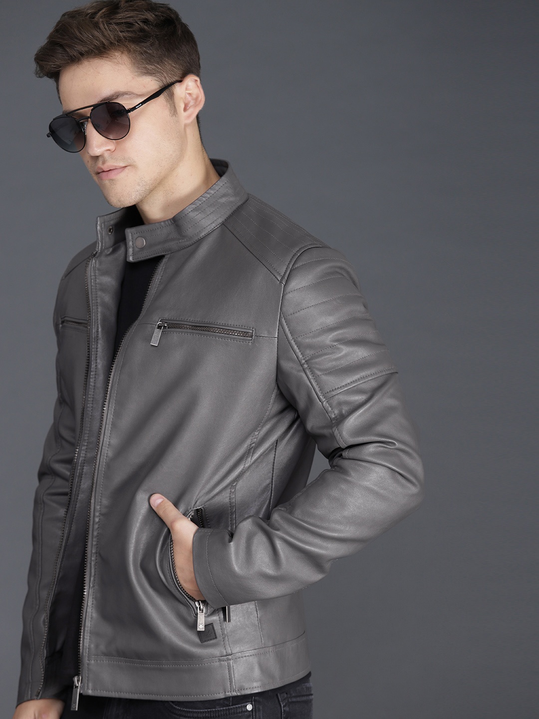 

WROGN Men Grey Solid Biker Jacket