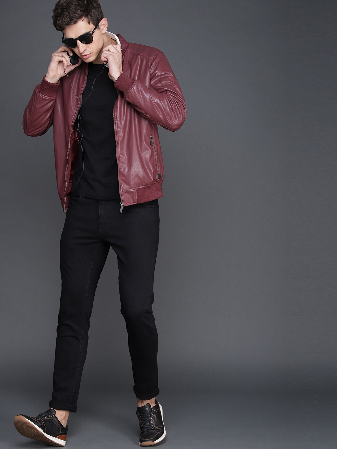 

WROGN Men Burgundy Solid Biker Jacket