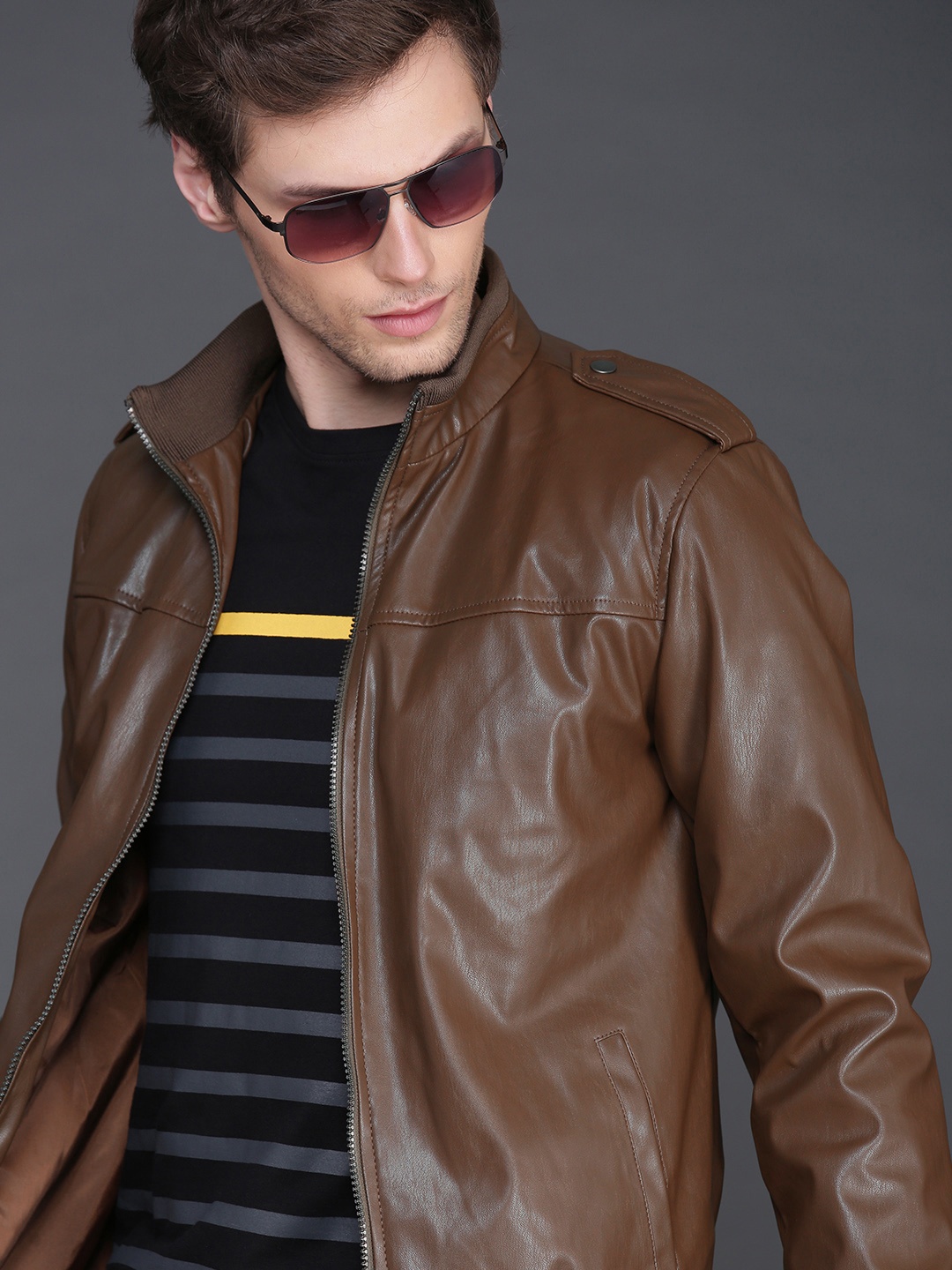 

WROGN Men Brown Solid Slim Fit Bomber Jacket