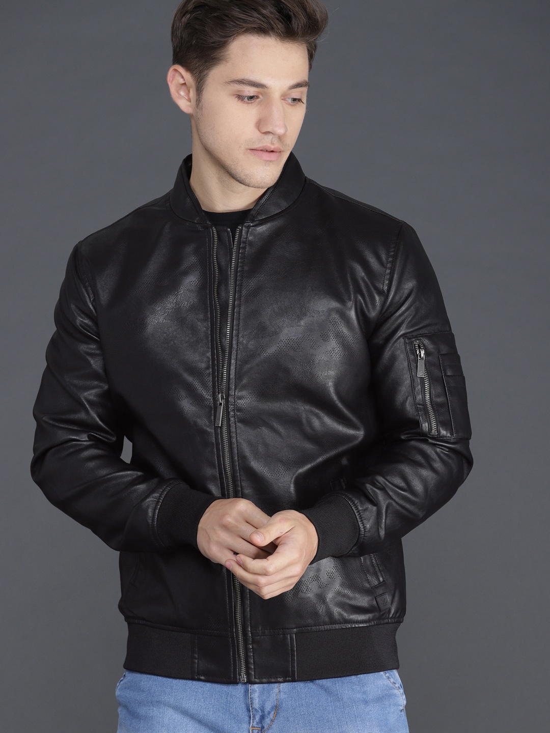 

WROGN Men Black Slim Fit Self Design Jacket