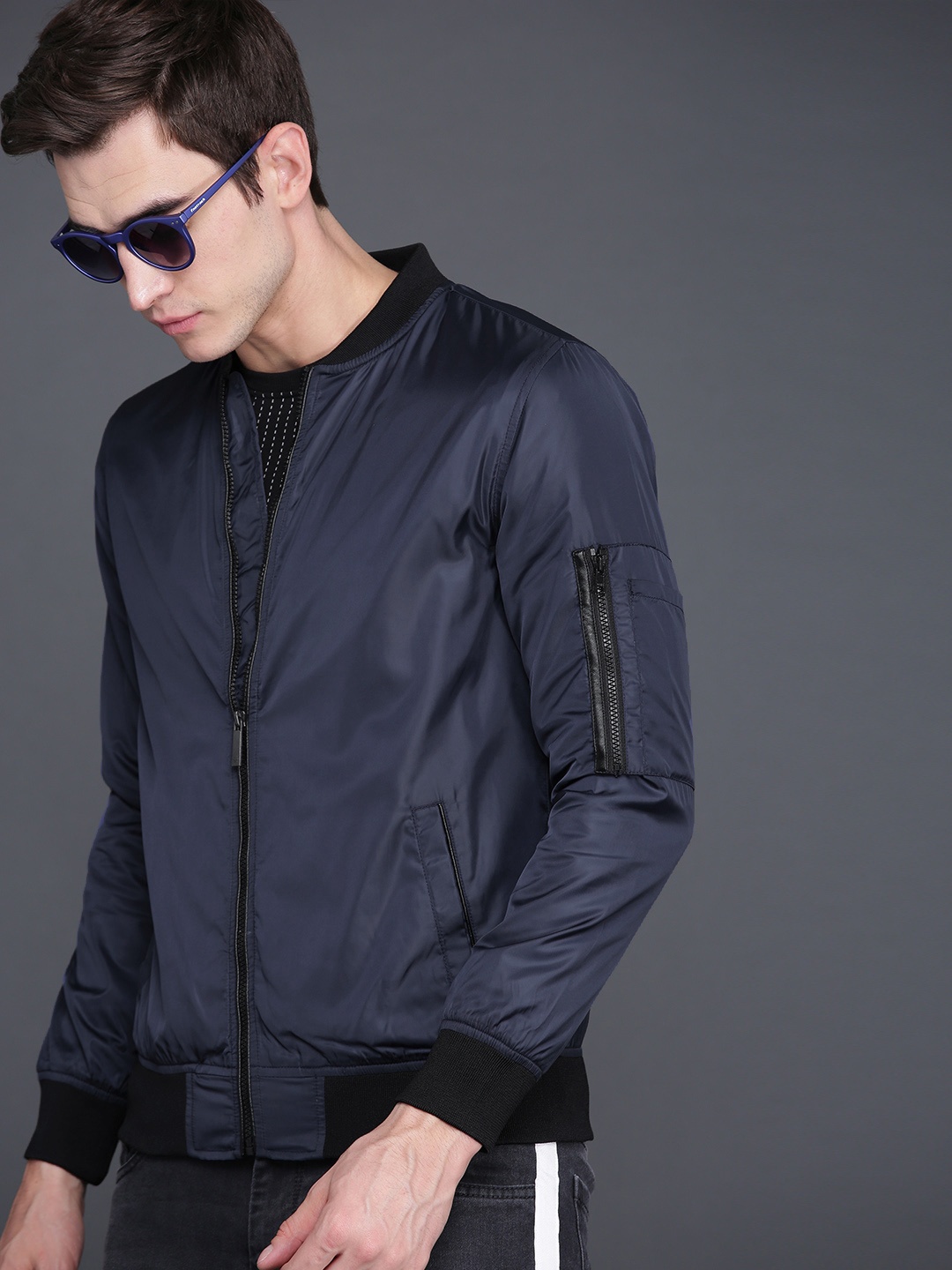 

WROGN Men Blue Solid Bomber Jacket