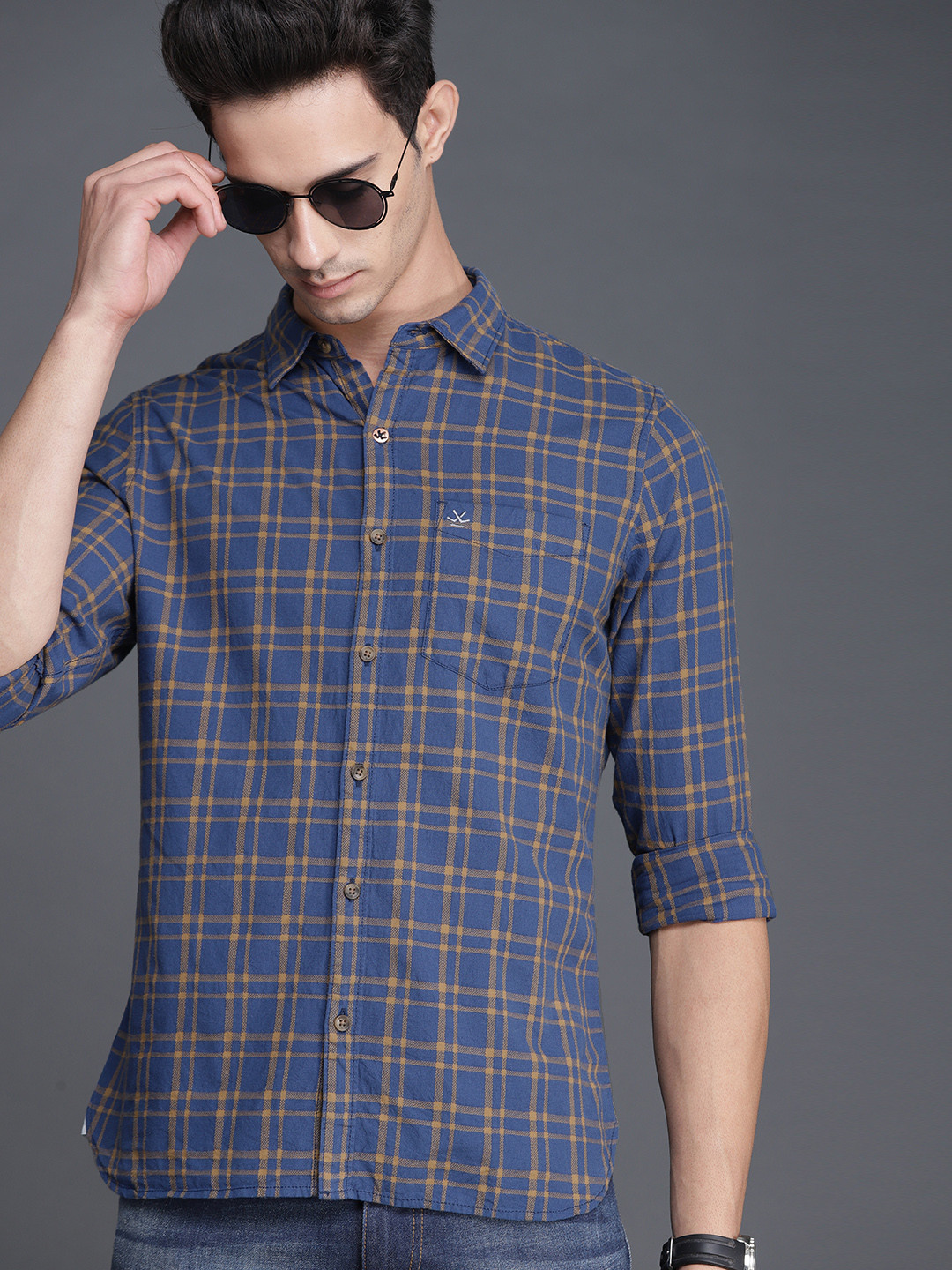 

WROGN Men Blue & Mustard Yellow Slim Fit Checked Casual Shirt