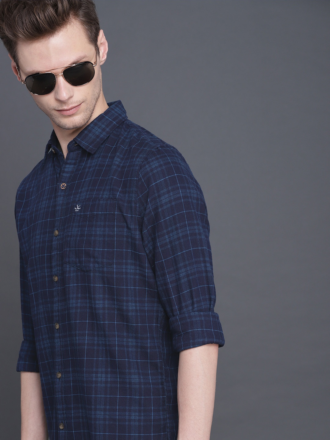 

WROGN Men Navy Blue Slim Fit Checked Casual Shirt