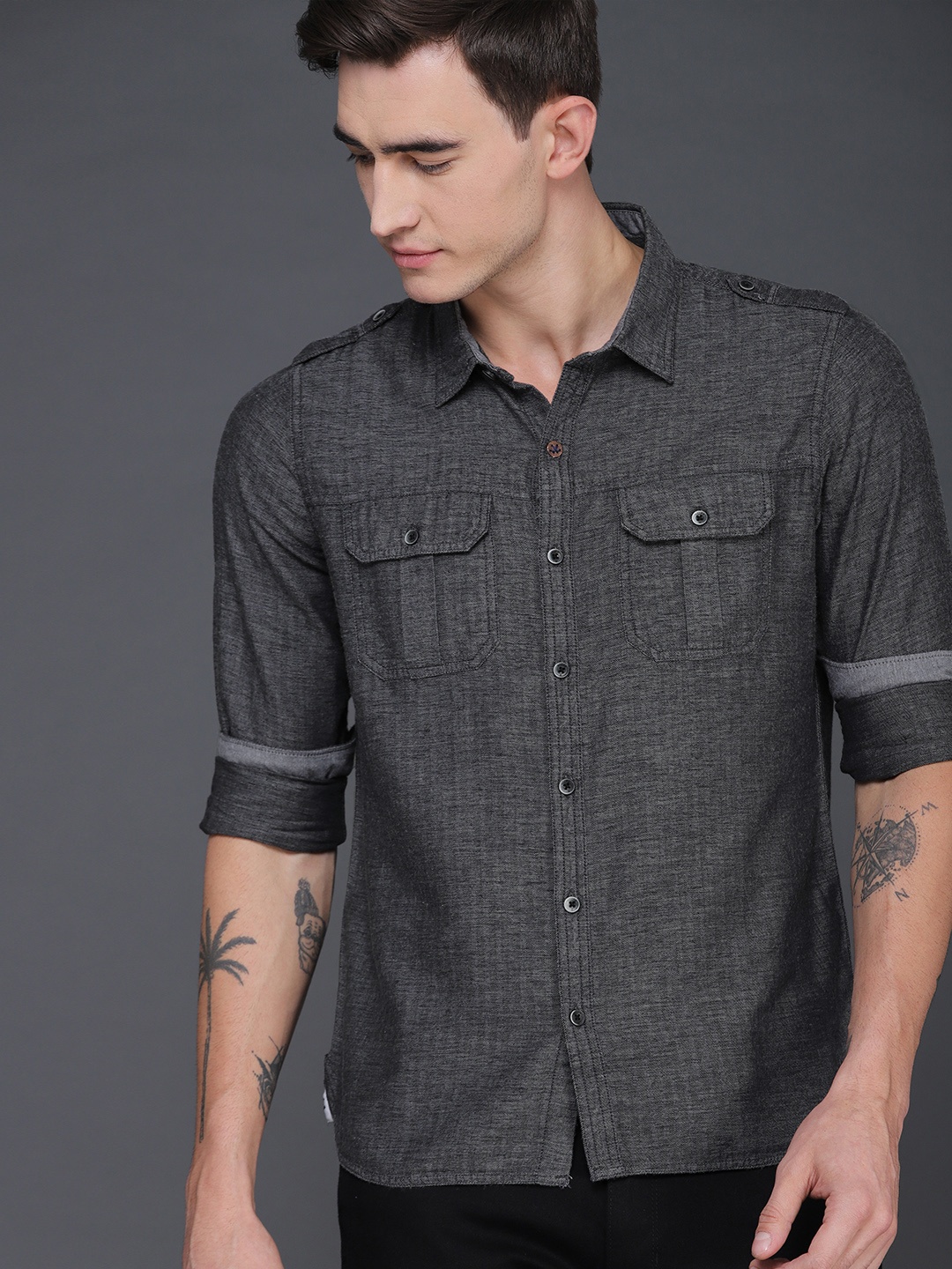

WROGN Men Charcoal Grey Slim Fit Solid Casual Shirt