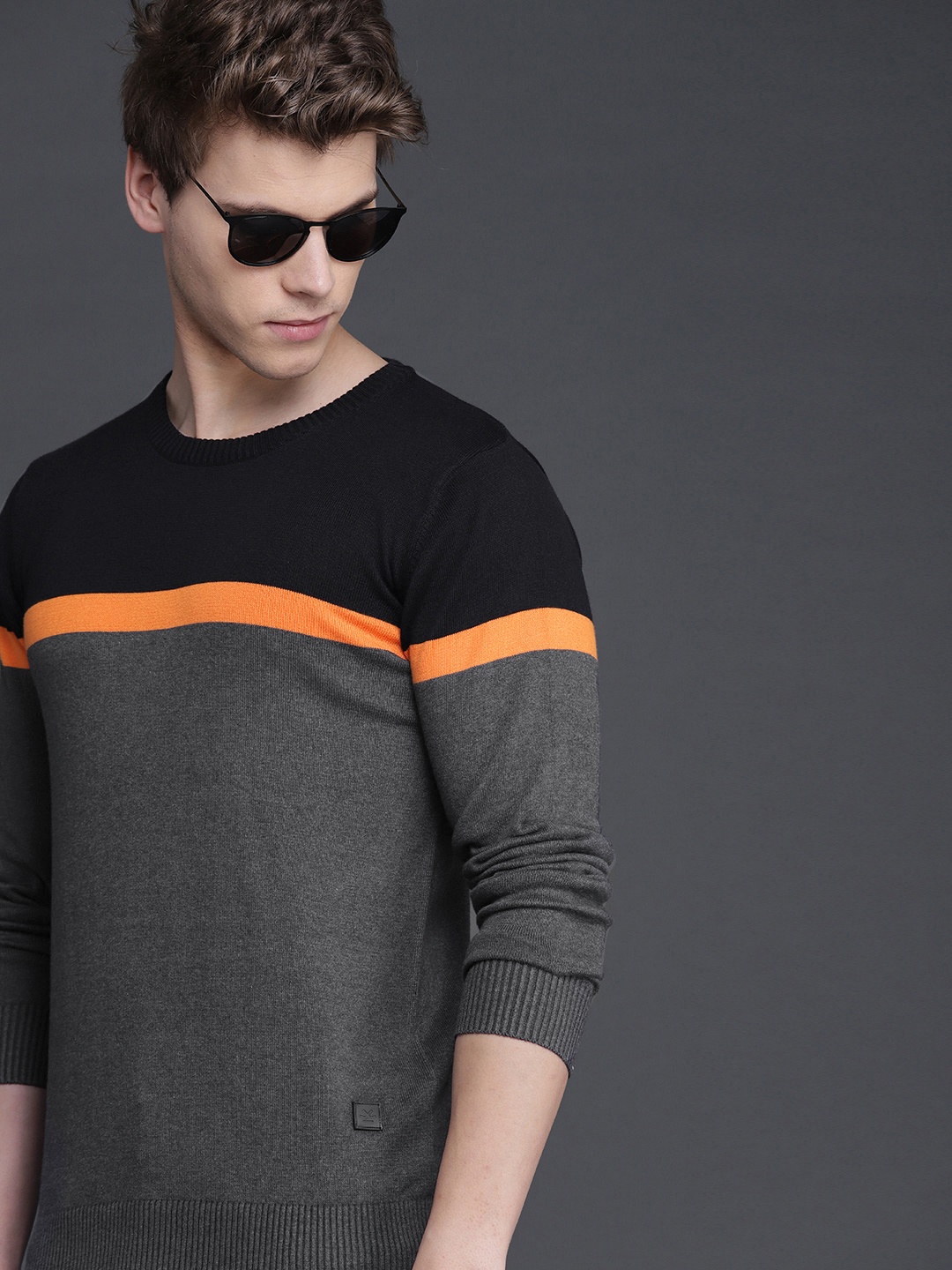 

WROGN Men Grey & Black Colourblocked Sweater