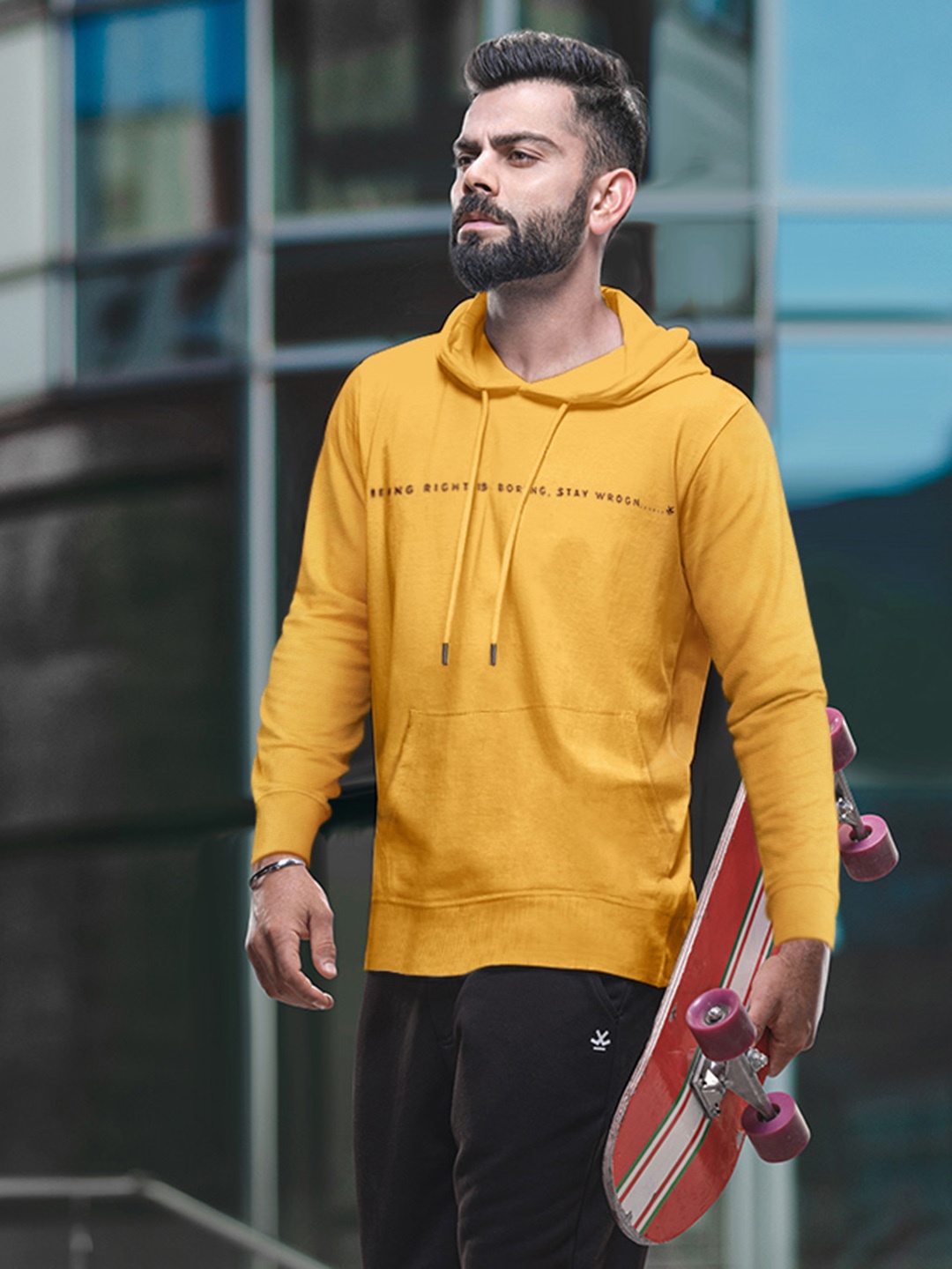 

WROGN Men Mustard Yellow Slim Fit Solid Hooded Sweatshirt