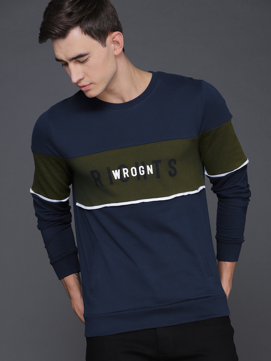 

WROGN Men Navy Blue & Olive Green Colourblocked Slim Fit Sweatshirt