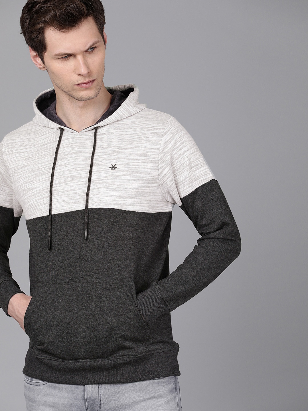 

WROGN Men Grey Melange & Black Colourblocked Slim Fit Hooded Sweatshirt