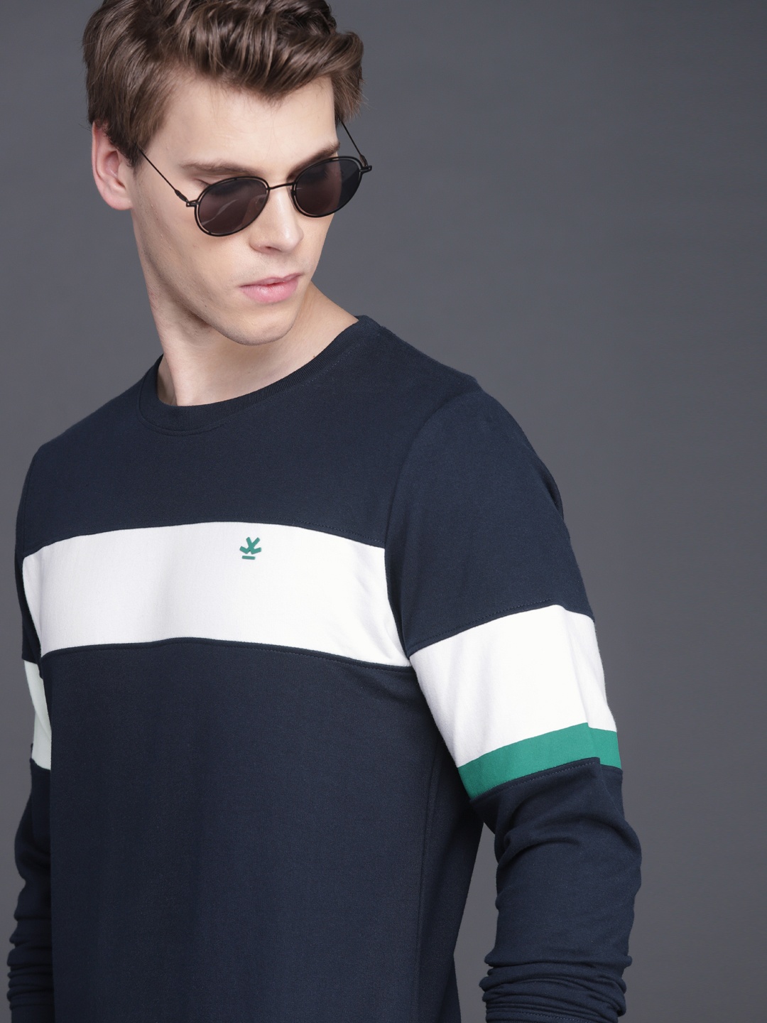 

WROGN Men Navy Blue & White Colourblocked Slim Fit Sweatshirt