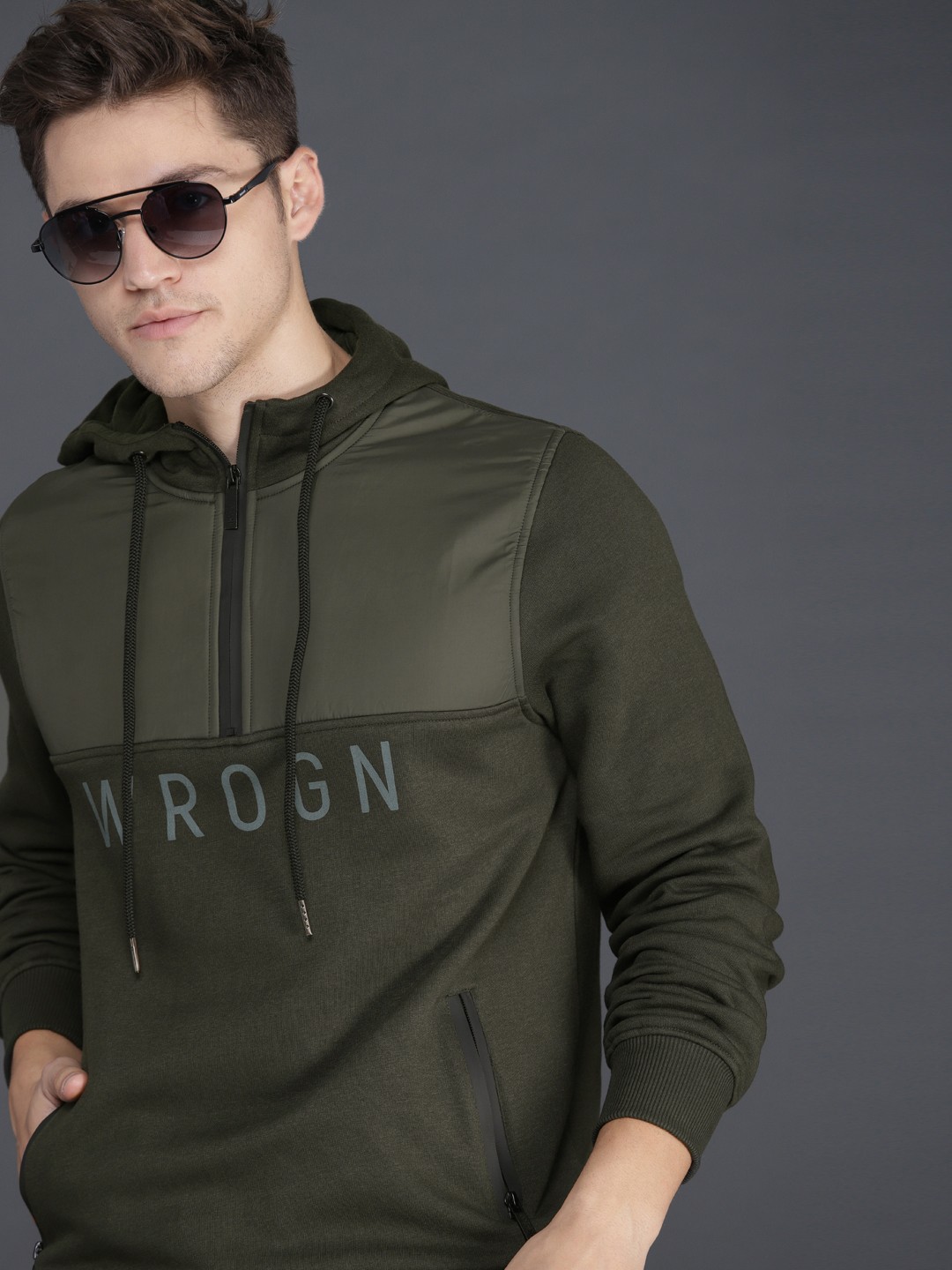 

WROGN Men Olive Green Slim Fit Printed Hooded Sweatshirt