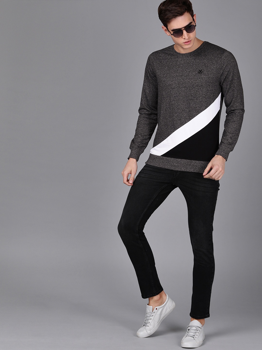 

WROGN Men Grey Colourblocked Slim Fit Sweatshirt