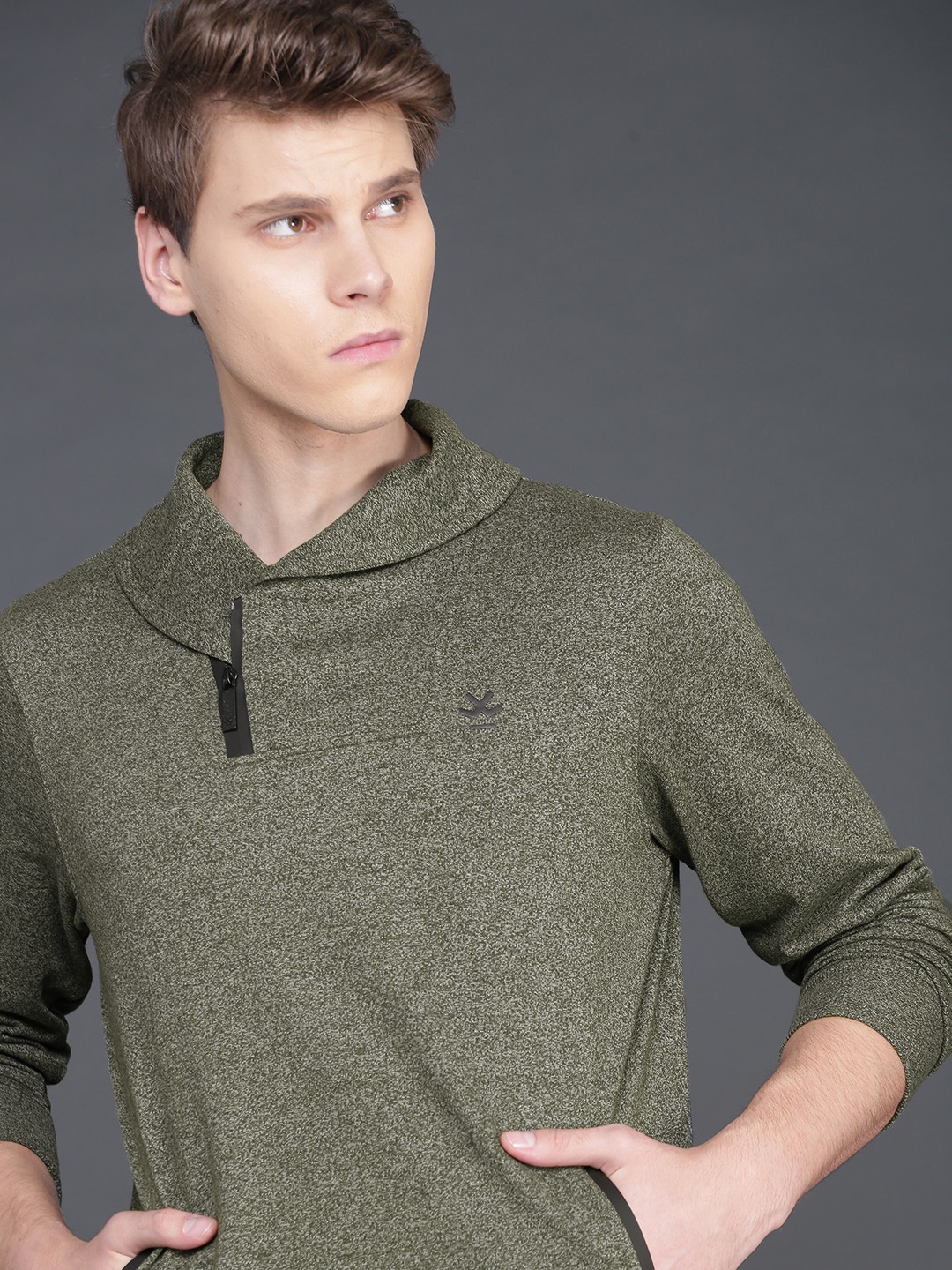 

WROGN Men Olive Green Solid Hooded Sweatshirt