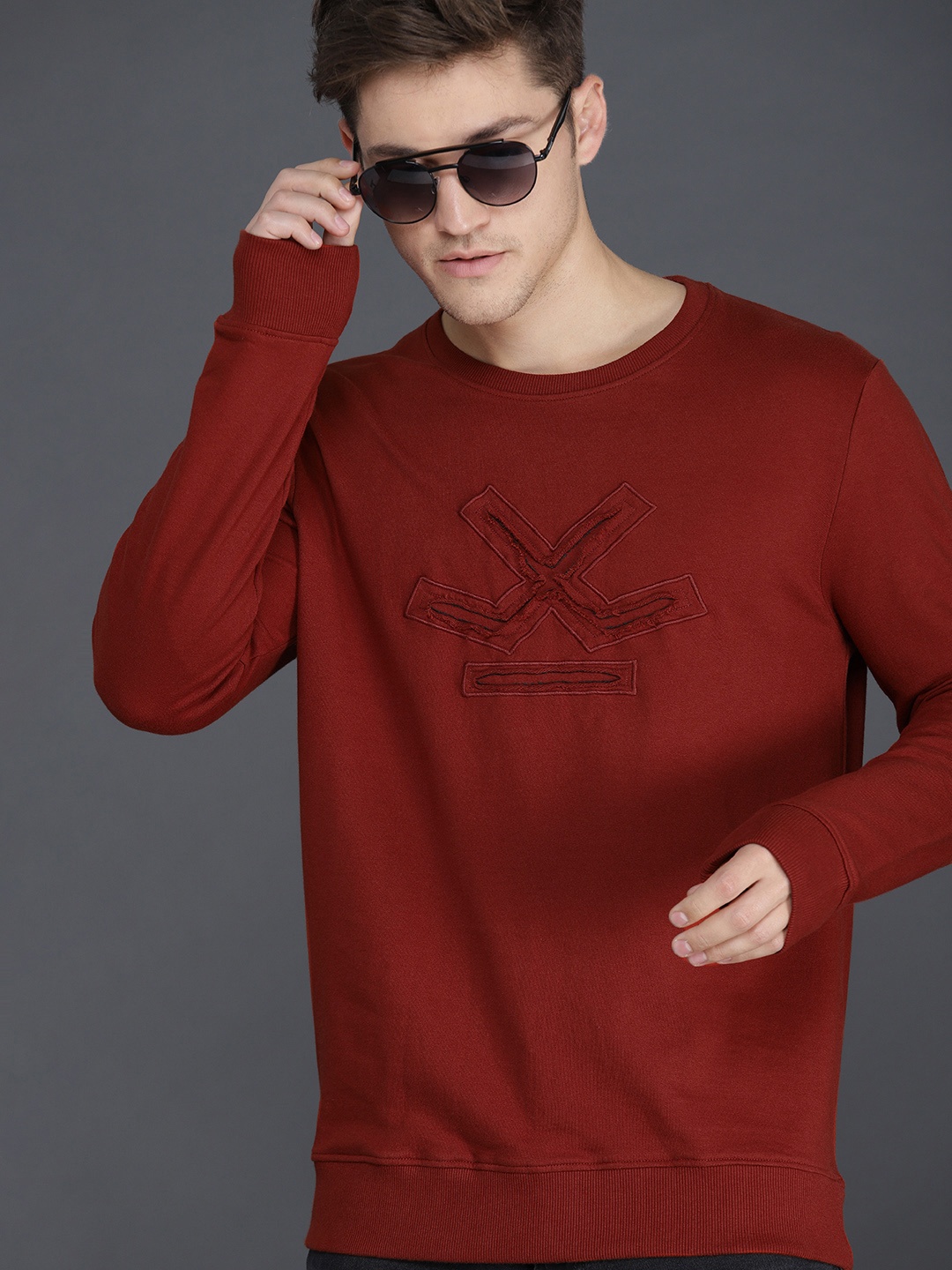 

WROGN Men Rust Orange Slim Fit Solid Pullover Sweatshirt