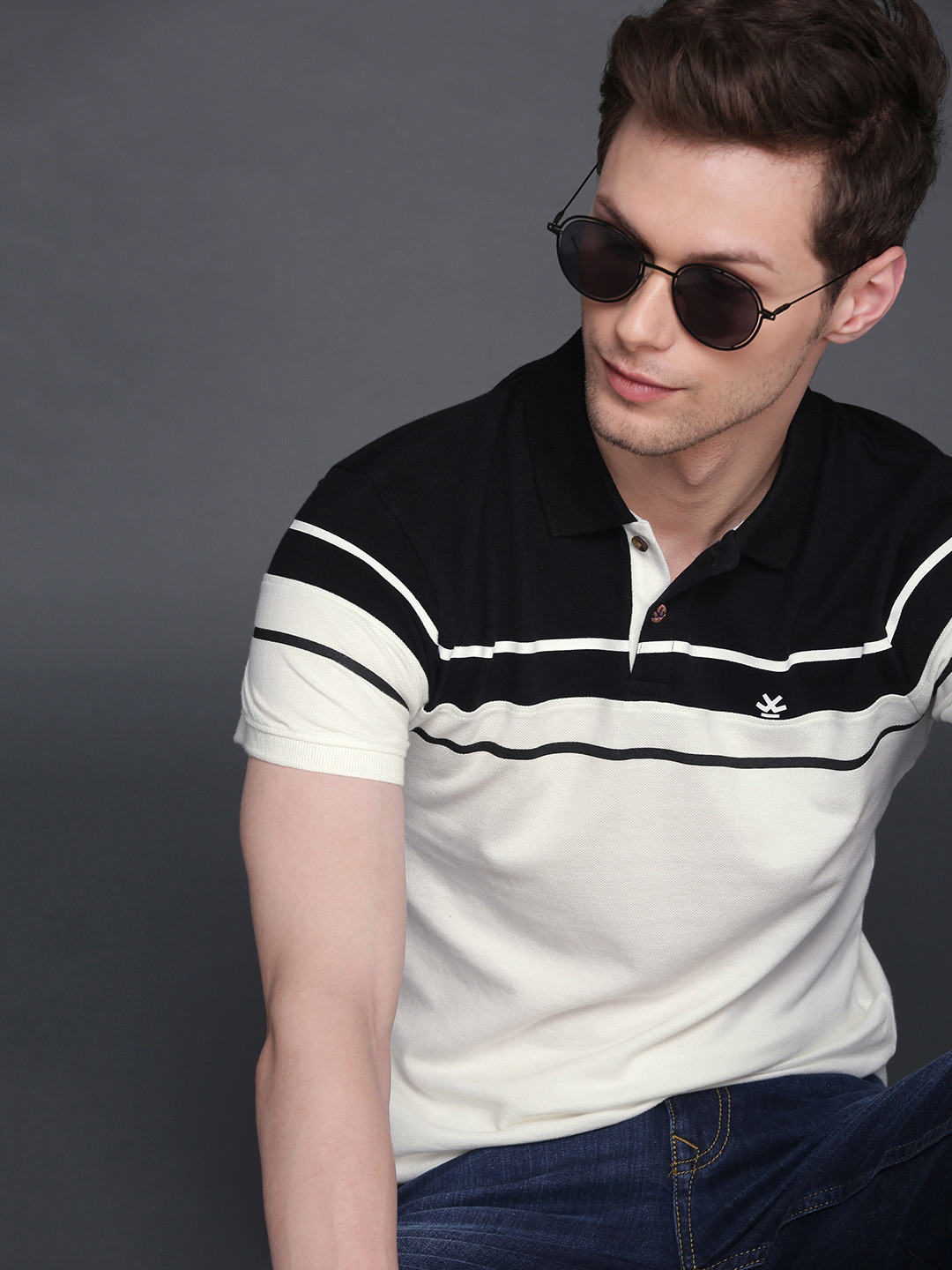 

WROGN Men White Black Colourblocked Slim Fit Polo Collar Pure Cotton T-shirt