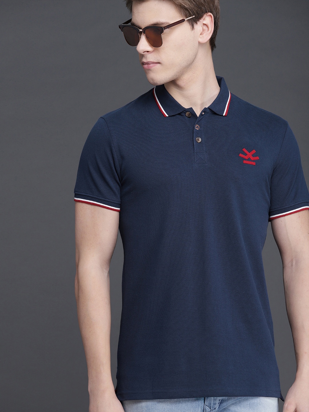 

WROGN Men Navy Blue Solid Polo Collar Pure Cotton T-shirt